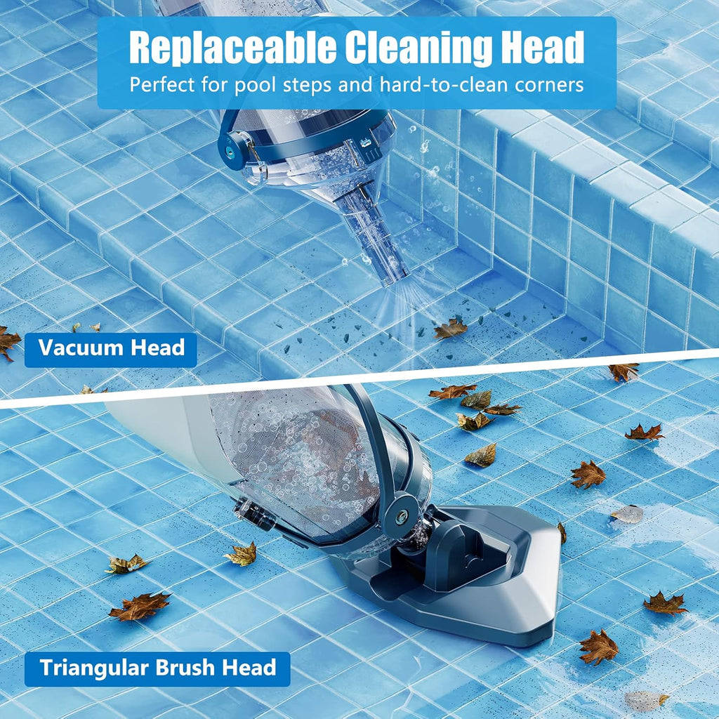 Pool Vacuum for Above Ground Pool with a Telescopic Pole, Running time up to 1H, Handheld Rechargeable Pool Cleaner with Powerful Suction up to 18.5 gallons/min, Ideal for Leaves & Debris, PC10