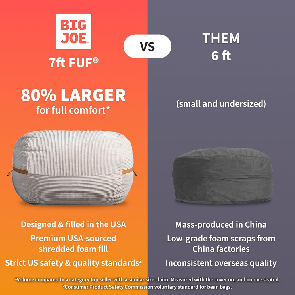 Big Joe Fuf 7Ft Giant Foam Bean Bag Chair, Oversized Couch with Removable Cover for Kids, Teens, Adults, Deep Sea Velveteen, Durable Woven Polyester, 7 Foot