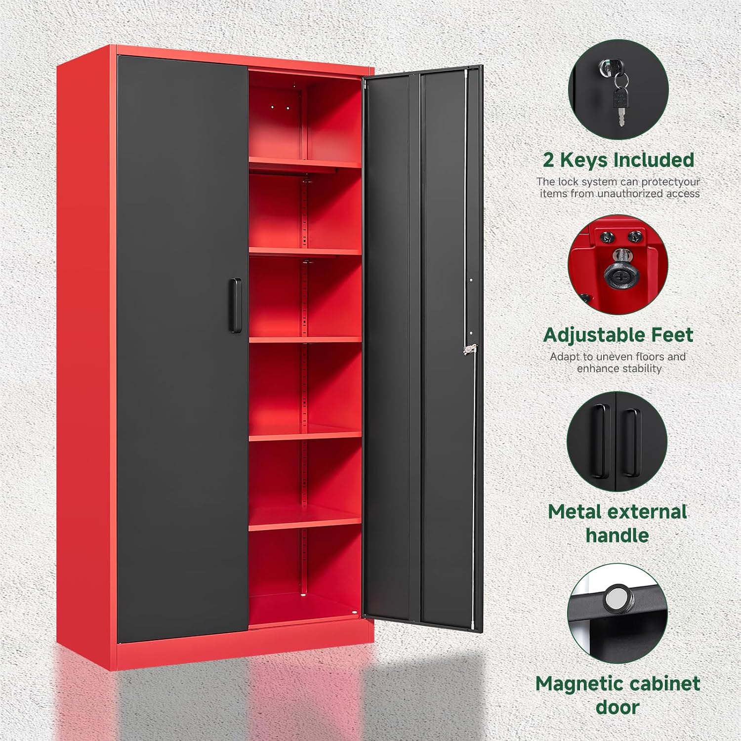 Letaya Metal Garage Storage Cabinets with Lock, 72' Tall Locker Organizer Steel Tool Cabinets,5 Adjustable Shelves 2 Doors for Home Office, Warehouse,Garage,Industrial,Employee (Black Red)