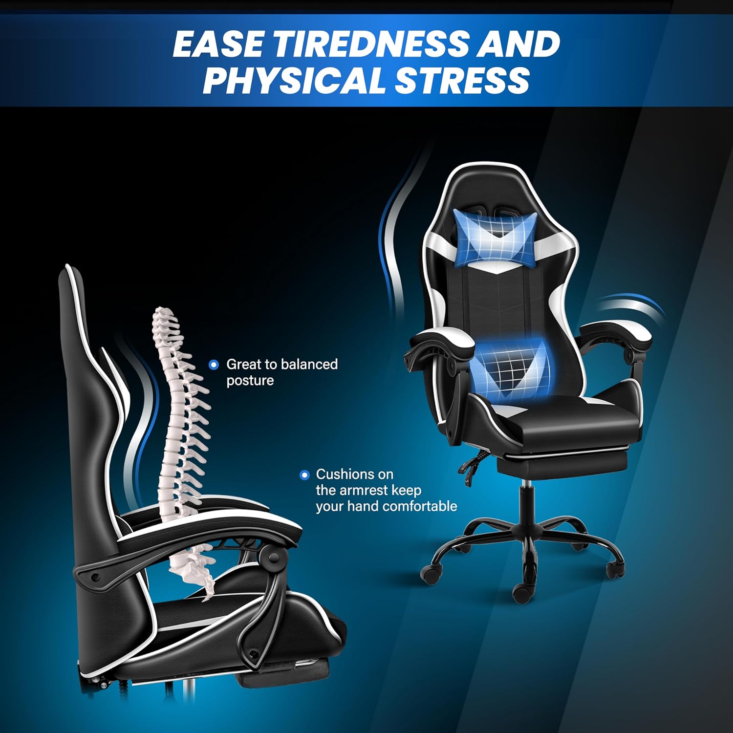 YSSOA Gaming Chair, Computer Chair with Footrest, Height Adjustable & 90°-135° Tilt Function, Swivel Recliner Ergonomic Racing Style Video Game Chair with Lumbar Support (Black/White)