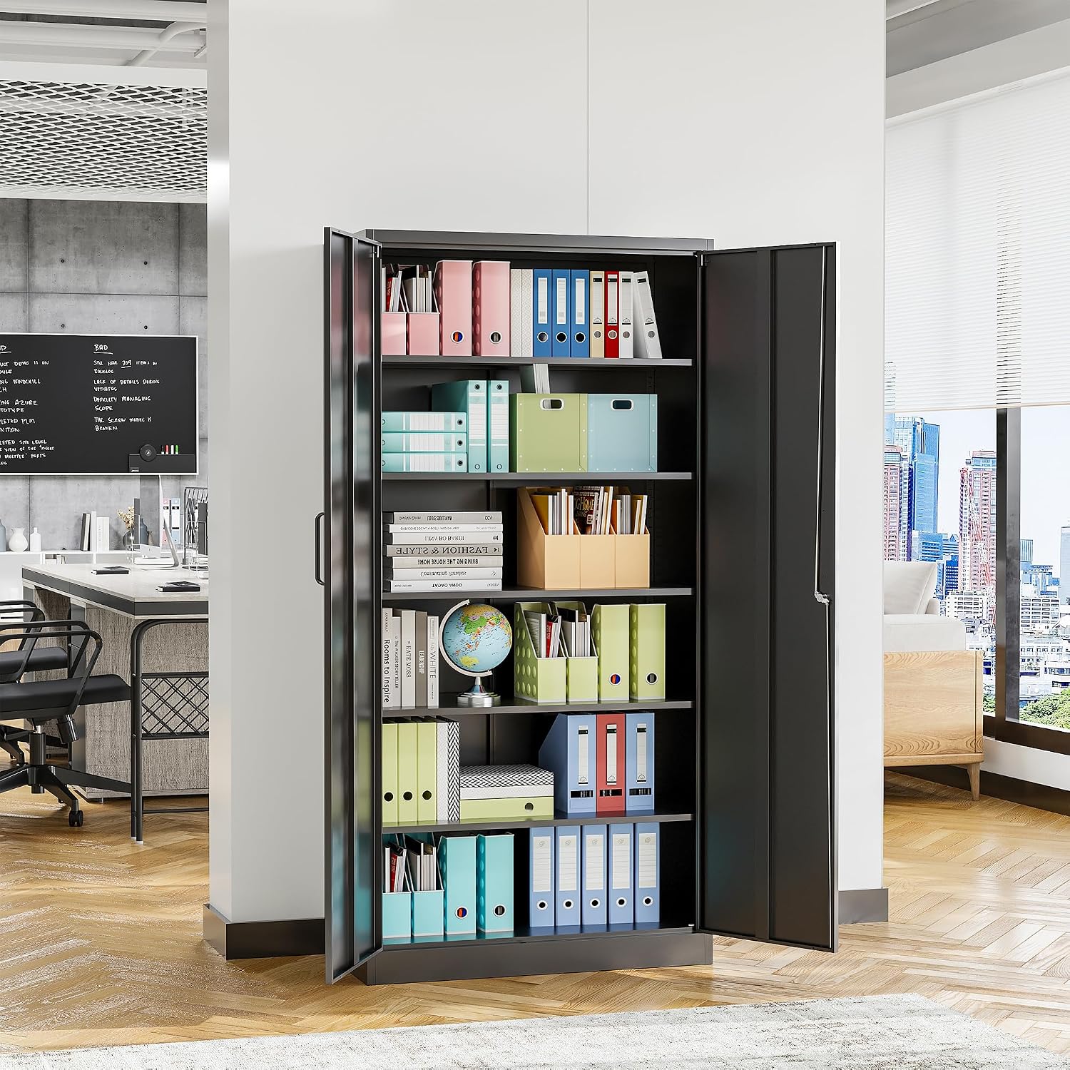STANI Metal Garage Storage Cabinet with Lock, 71' Steel Lockable File Cabinet, Locking Steel Storage Cabinet with 5 Adjustable Shelves for Home, Office, Warehouse, Garage, School (Black)