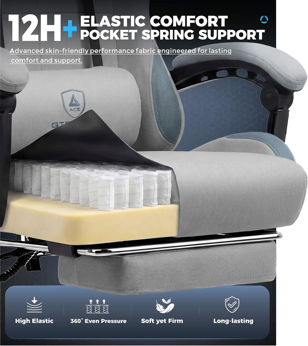 GTPLAYER Gaming Chair Fabric with Pocket Spring Cushion,Computer Office Chair with Lumbar Support for Adults Linkage Armrests and Footrest Ergonomic Gamings Chairs Height Adjustable LightGray