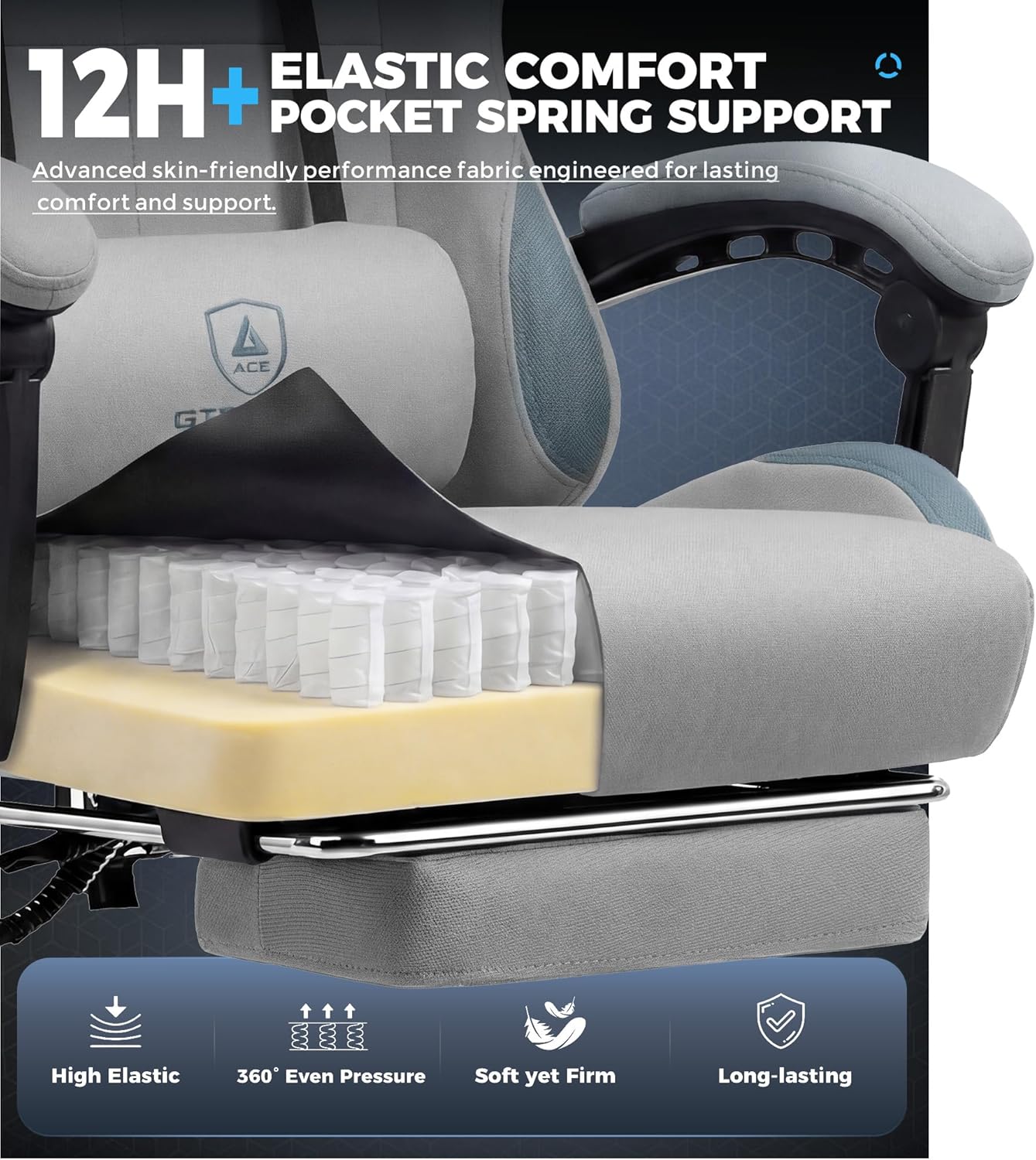GTPLAYER Gaming Chair Fabric with Pocket Spring Cushion,Computer Office Chair with Lumbar Support for Adults Linkage Armrests and Footrest Ergonomic Gamings Chairs Height Adjustable LightGray