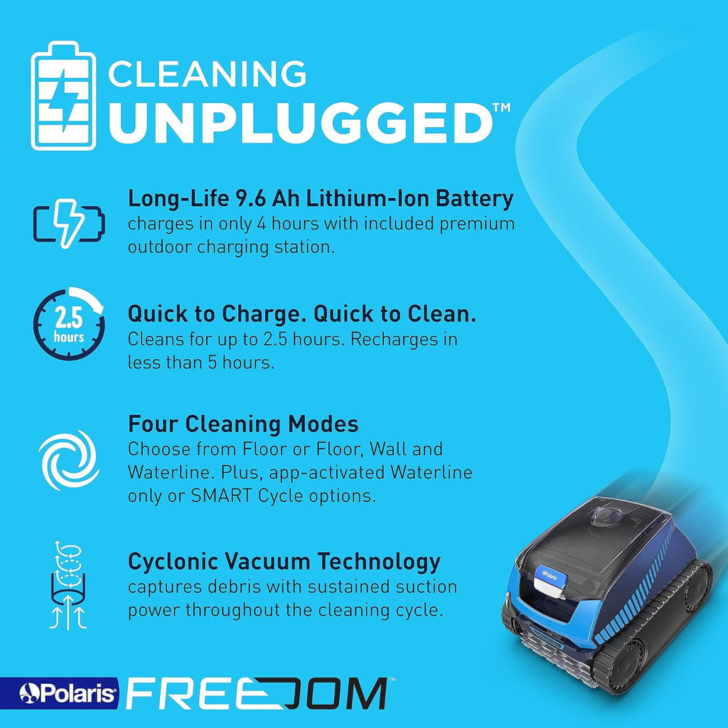 Polaris Freedom Cordless Robotic Pool Cleaner, Cable-Free for All In-Ground Pools up to 50ft, Four Cleaning Modes & Intelligent Cleaning Technology