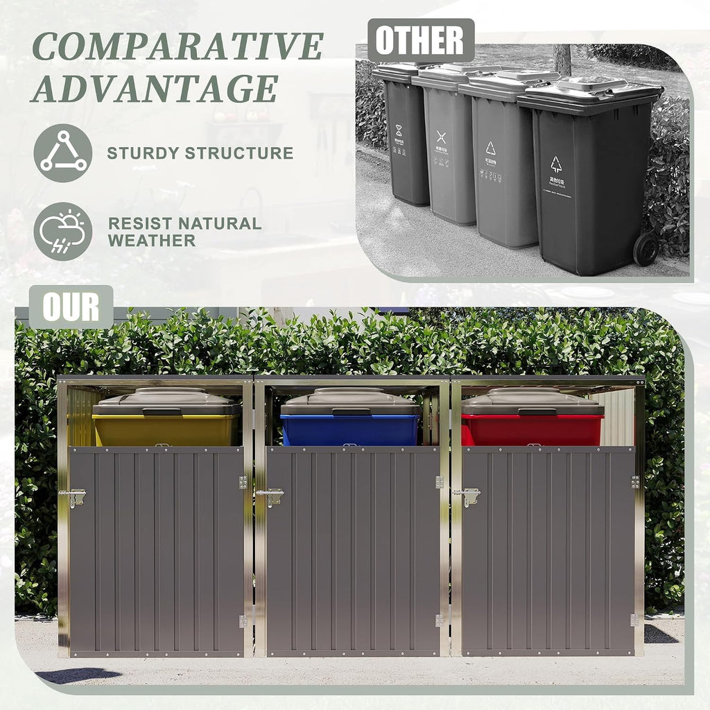 83 Cu Ft Outdoor Storage Shed, Metal Garbage Tool Trash Can Storage, Stainless Galvanized Steel, Pneumatic Support Rod, Bike Storage Shed for 3 Trash Bins (Light Gray+3 Trash Can)