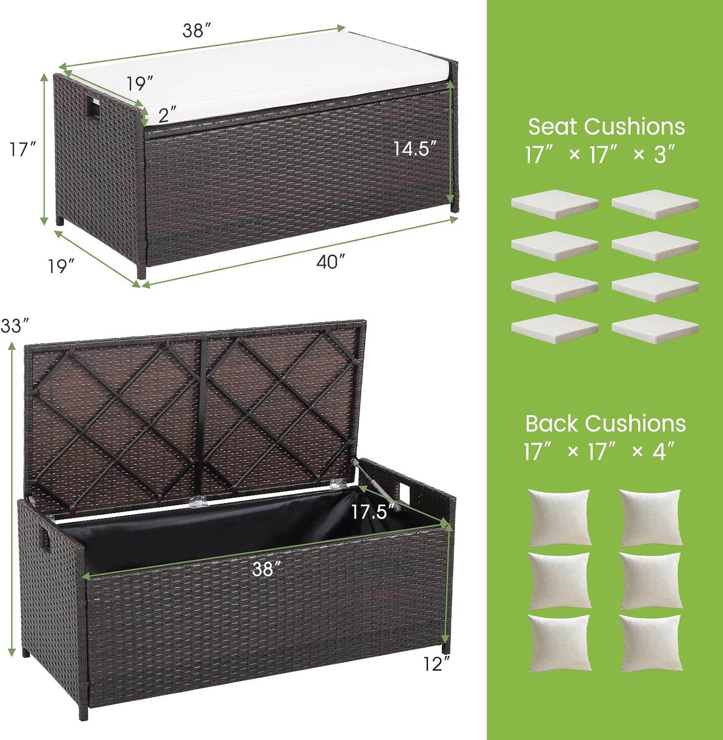 Tangkula 34 Gallon Outdoor Storage Bench with Seat Cushion, Patio Mix Brown Wicker Deck Box with Waterproof Liner and Side Handles, Outdoor Storage Bench for Cushions, Garden Tools, Pool Accessories