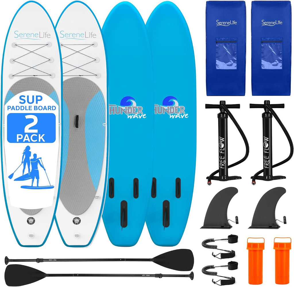 SereneLife 10' Inflatable Stand Up Paddle Board 2-Pack with Premium SUP Accessories – 32' Wide Stable Design with Non-Slip EVA Deck Pad for Youth and Adults, 350 lbs. Capacity Each