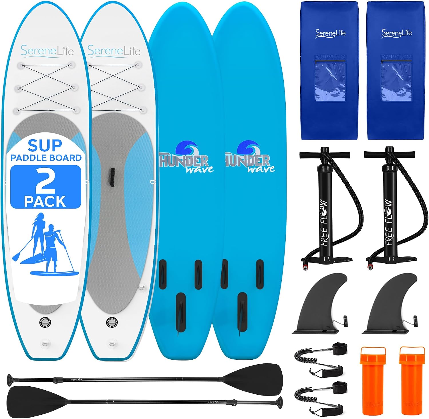 SereneLife 10' Inflatable Stand Up Paddle Board 2-Pack with Premium SUP Accessories – 32' Wide Stable Design with Non-Slip EVA Deck Pad for Youth and Adults, 350 lbs. Capacity Each