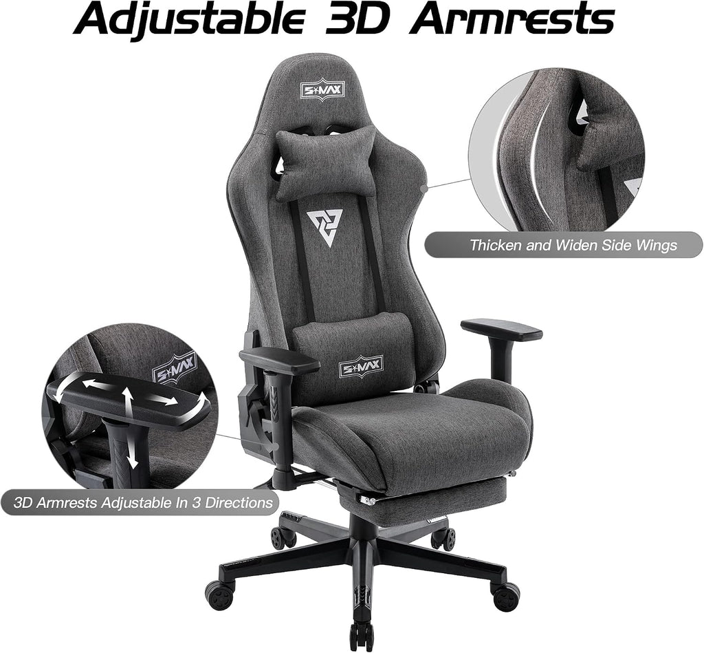 S*MAX Fabric Gaming Chair with Footrest Thicken Seat Ergonomic Gaming Chair with 3D Armrest Breathable Fabric Gamer Chairs for Adults Headrest Lumbar Support Gaming Chairs for Adults Grey