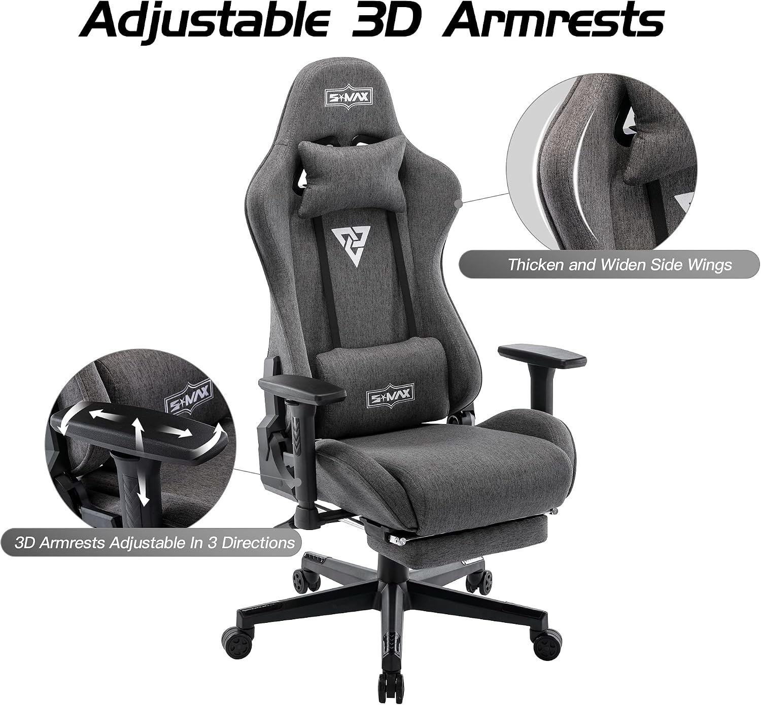 S*MAX Fabric Gaming Chair with Footrest Thicken Seat Ergonomic Gaming Chair with 3D Armrest Breathable Fabric Gamer Chairs for Adults Headrest Lumbar Support Gaming Chairs for Adults Grey