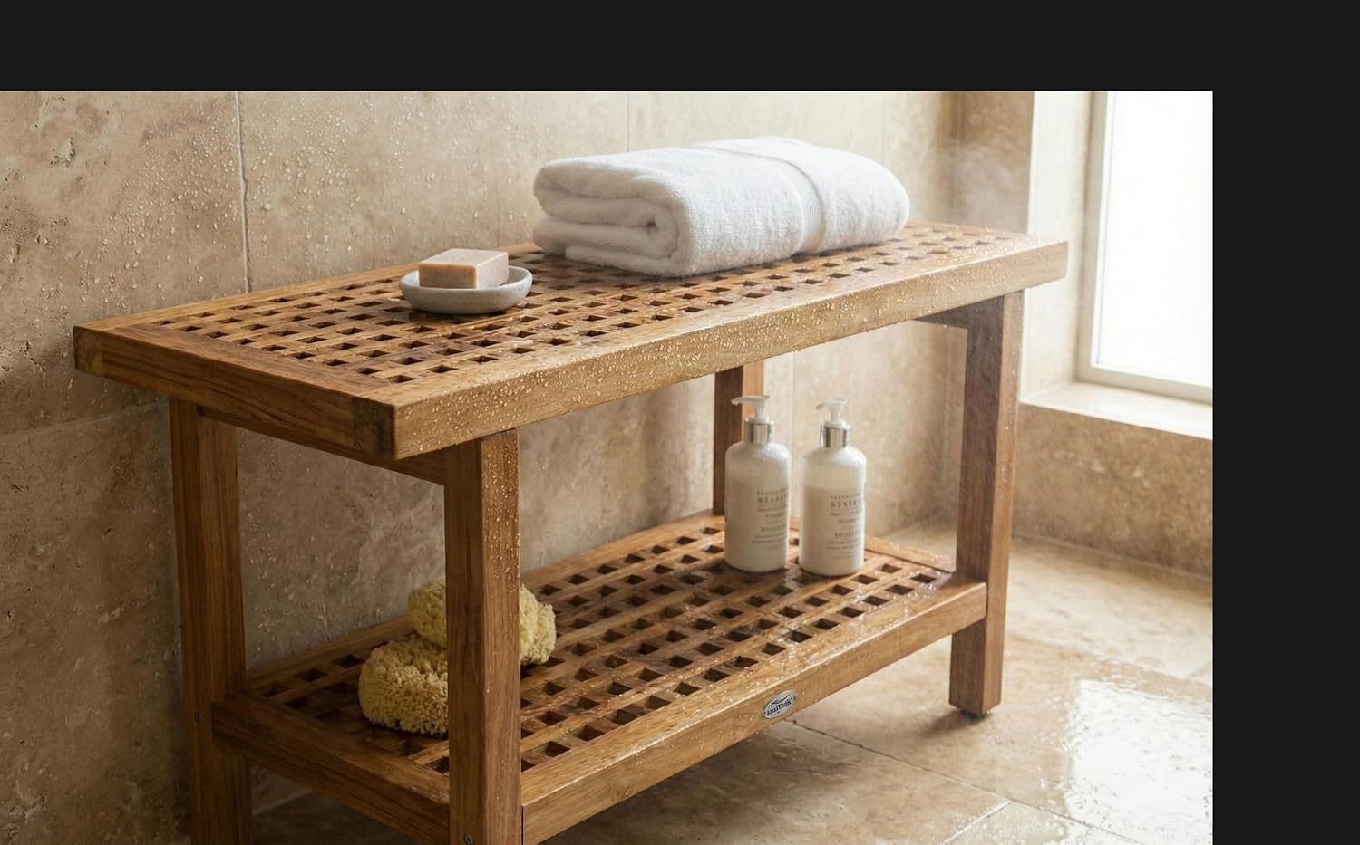 AquaTeak The Original 36' Grate Teak Shower Bench with Shelf - A. Bench