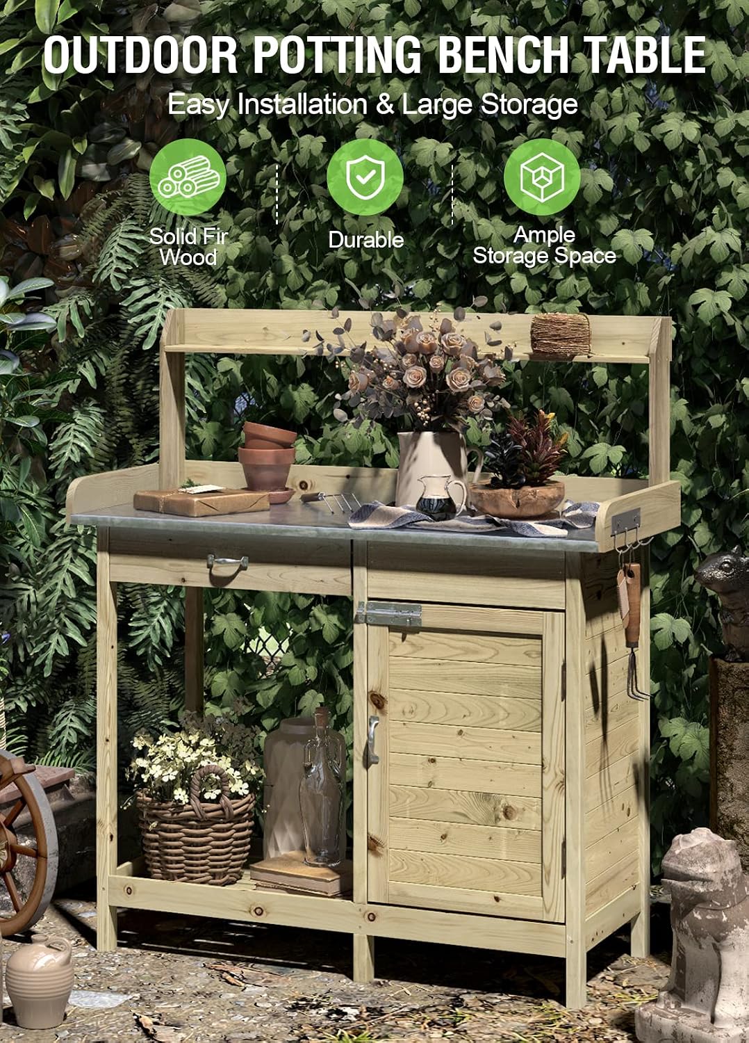 ARNOT Potting Bench,Outdoor Potting Bench Table with Sink and Storage Shelves, Wooden Garden Workstation for Gardening Tools, Planting, and Repotting – Natural Fir Wood (44' x 18' x 49.5')