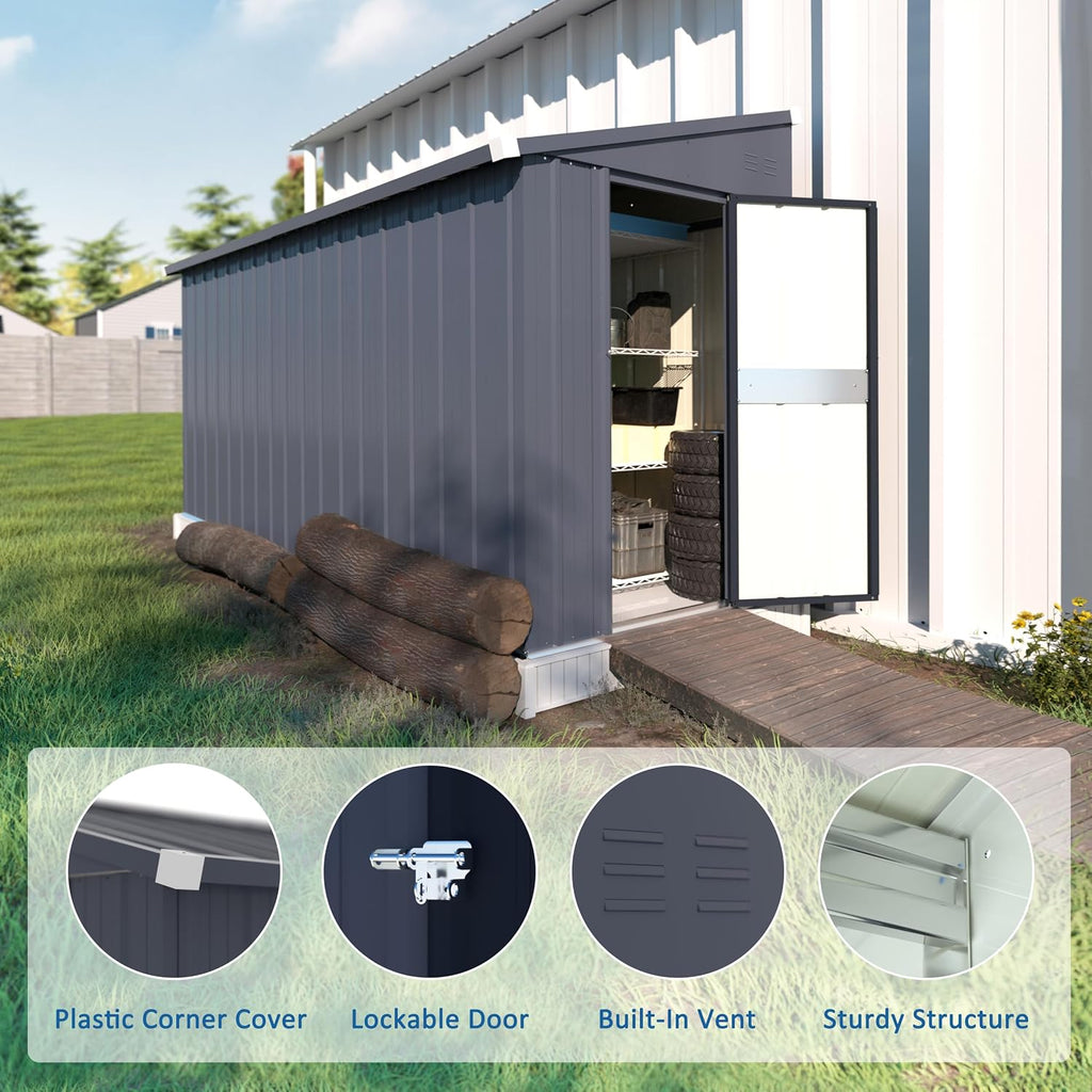 MUPATER 4×10 FT Storage Shed for Outdoor,Lean-to Shed Kit with Thickened Galvanized Steel, Metal Tools Shed with Lockable Door & Air Vents for Patio, Garden, Grey