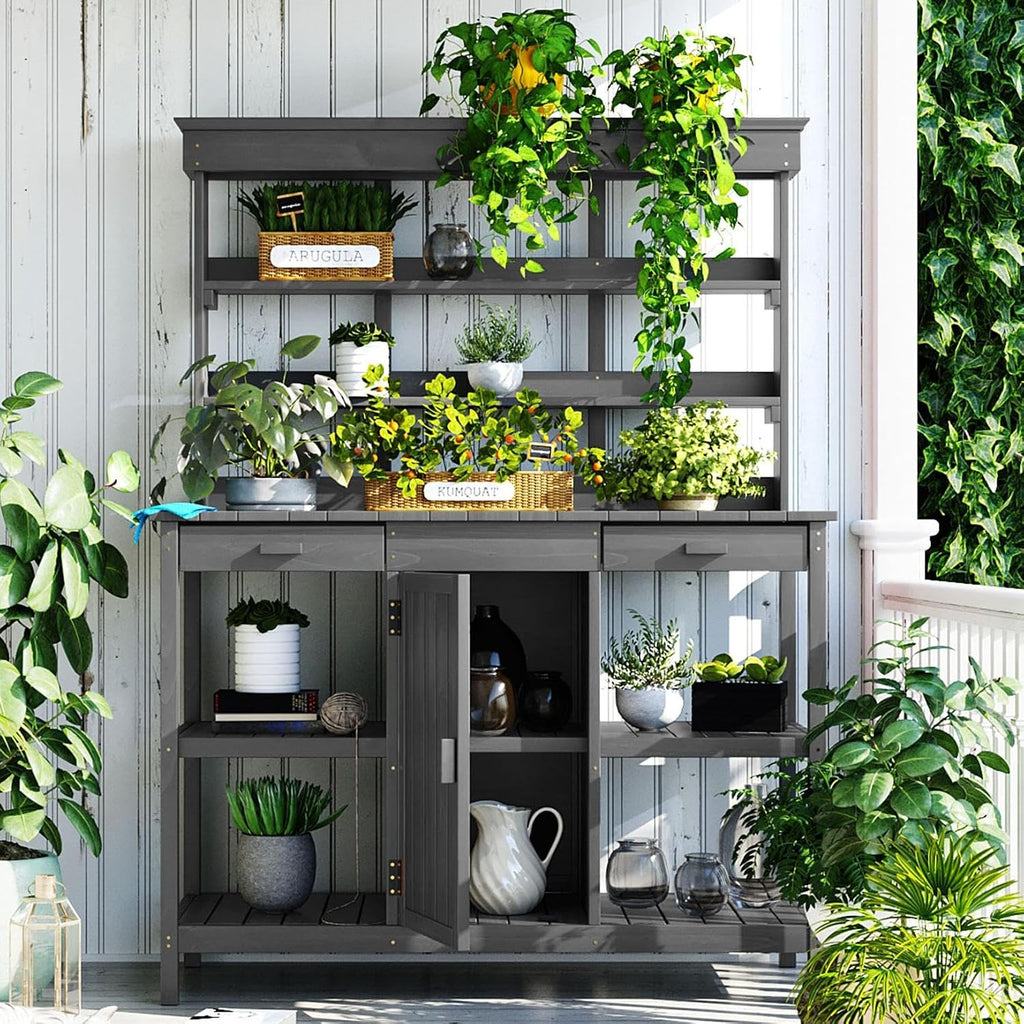 66' Large Outdoor Potting Table with 2 Drawers, Cabinet, Open Shelves, Wooden Potting Bench for Garden, Patio, Farmhouse, Backyard, Spacious Workstation (Grey, 66')