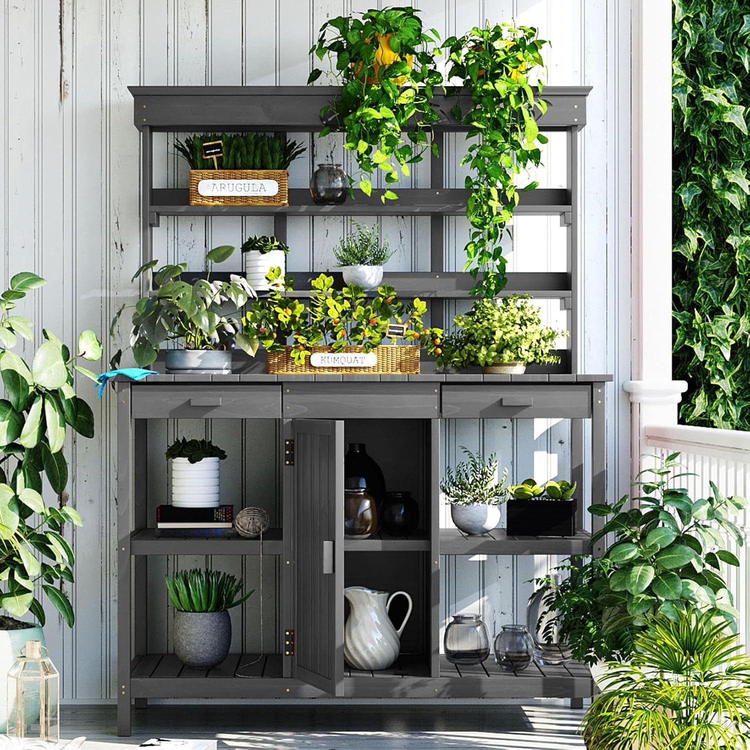 66' Large Outdoor Potting Table with 2 Drawers, Cabinet, Open Shelves, Wooden Potting Bench for Garden, Patio, Farmhouse, Backyard, Spacious Workstation (Grey, 66')