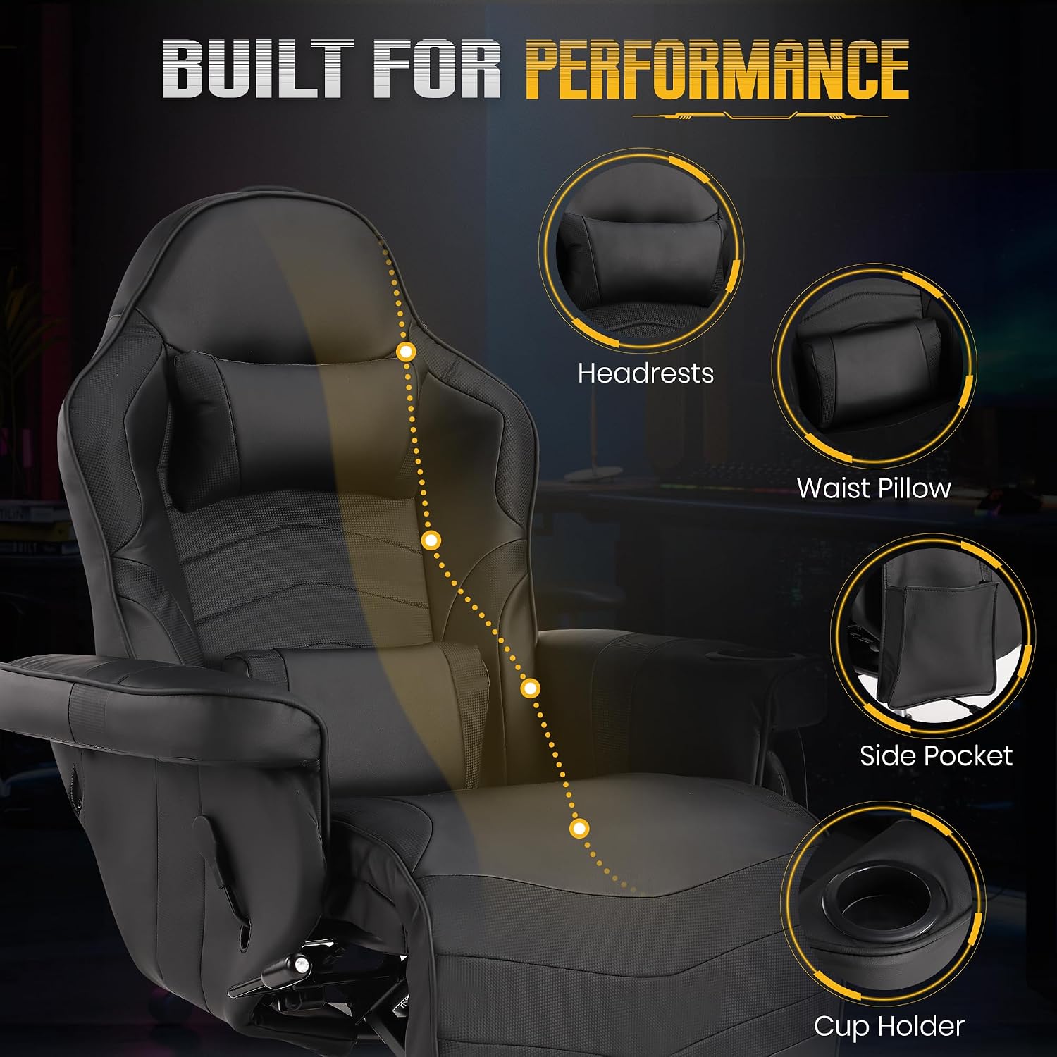 Massage Gaming Recliner Chair with Cup Holder & Side Pockets – Ergonomic PU Leather Video Gaming Chair with Footrest, Manual Recline, Headrest & Lumbar Support for Office or Game Room (Black)