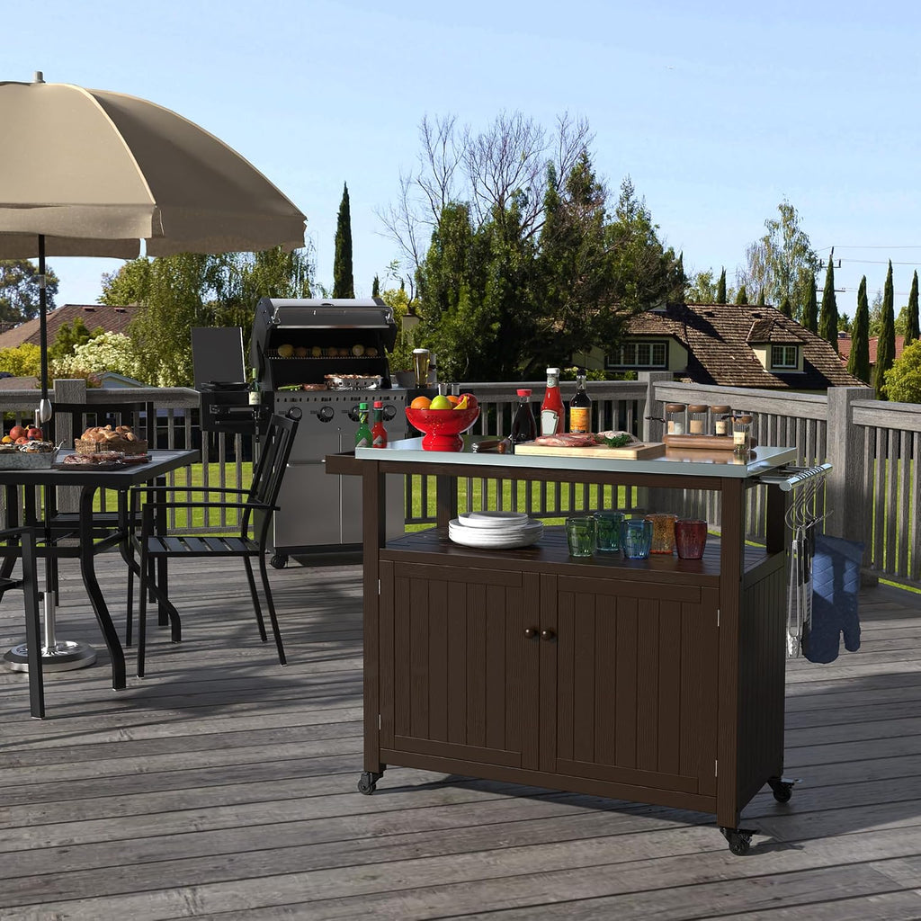 GDLF Outdoor Storage Cabinet Solid Wood Prep Grill Table with Stainless Steel Top Waterproof Cover Dark Brown