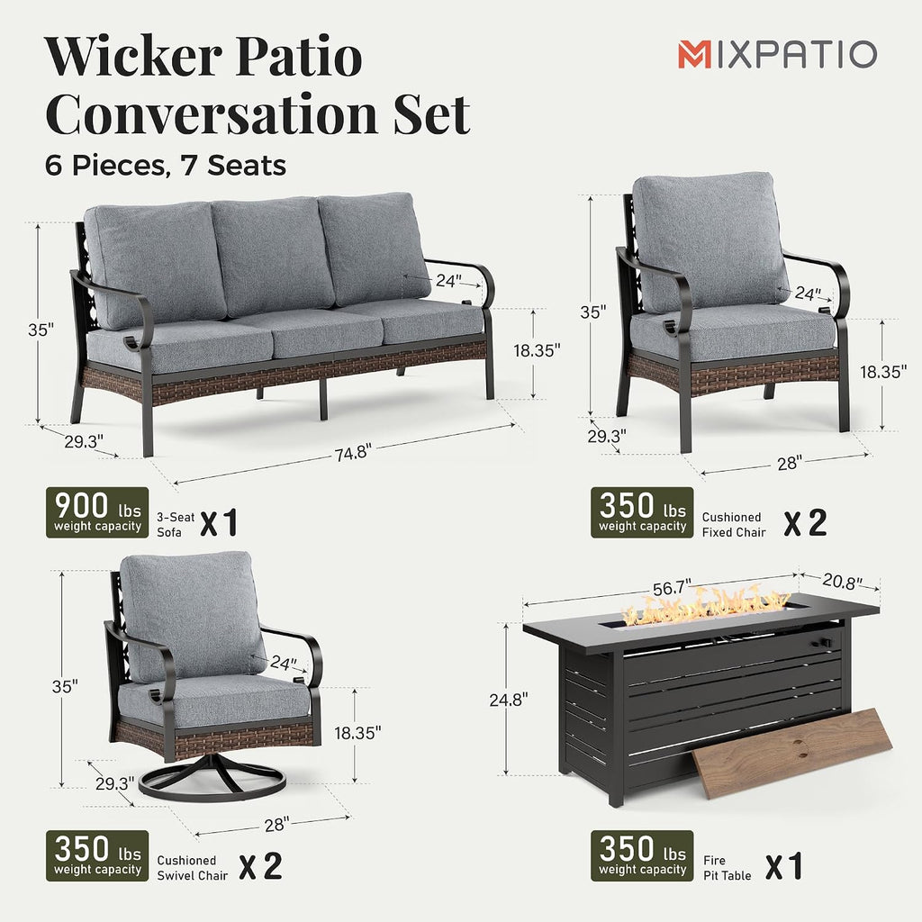 MIXPATIO Patio Furniture Set with Fire Pit Table, Metal Outdoor Conversation Set with 5.75'' Extra Thick Cushion, 2 Swivel Chairs, 2 Leg Chairs, 3-Seat Sofa and Gas Fire Pit Table, Grey