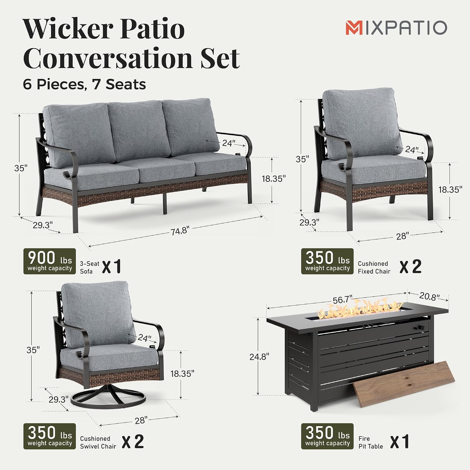 MIXPATIO Patio Furniture Set with Fire Pit Table, Metal Outdoor Conversation Set with 5.75'' Extra Thick Cushion, 2 Swivel Chairs, 2 Leg Chairs, 3-Seat Sofa and Gas Fire Pit Table, Grey