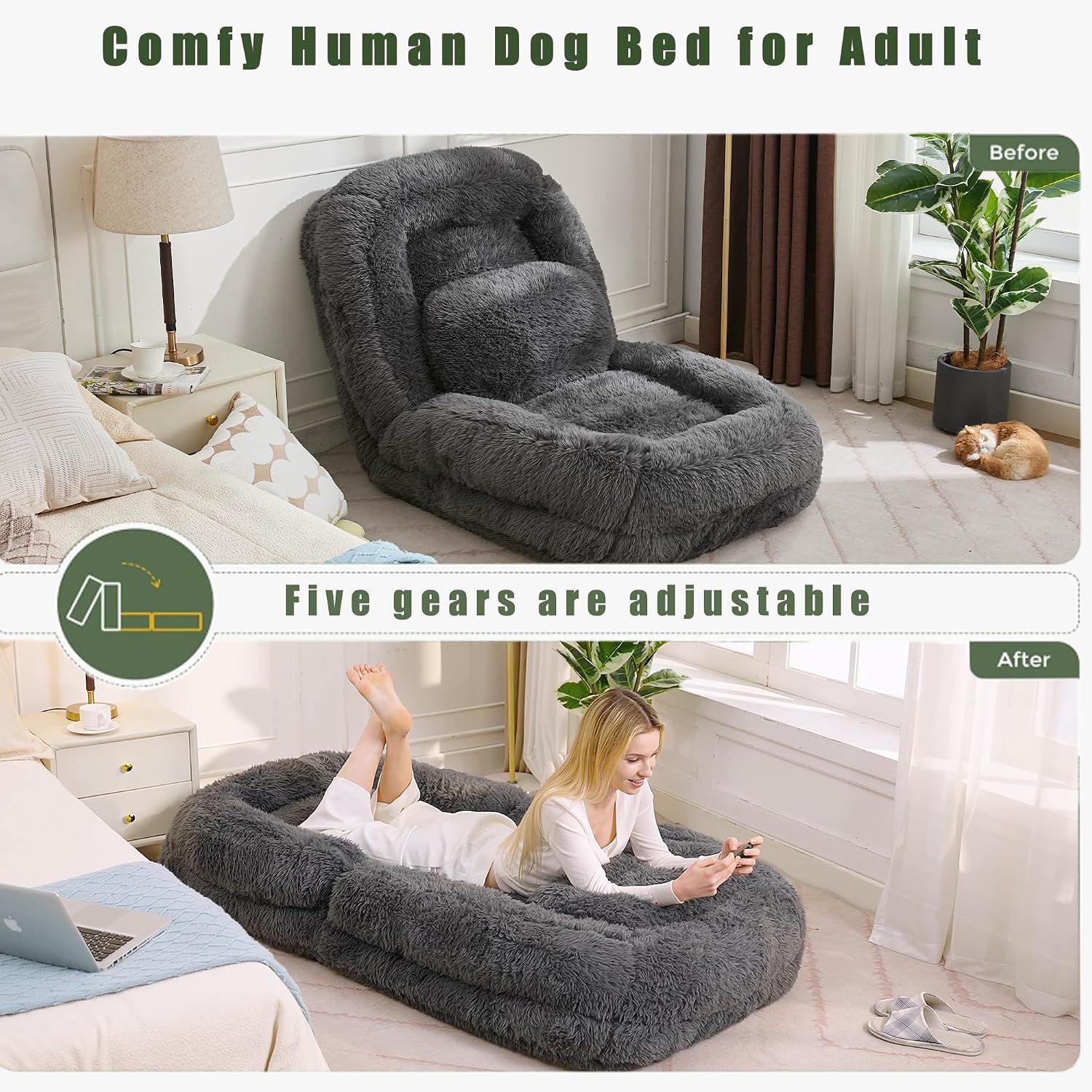 Floor Chair with Back Support, Human Dog Bed with 5 Adjustable Position, Convertible Lazy Floor Lounger, Comfy Gaming Chair, Plush Folding Sofa Bed for Adult, Living Room, Bedroom, Dark Gray