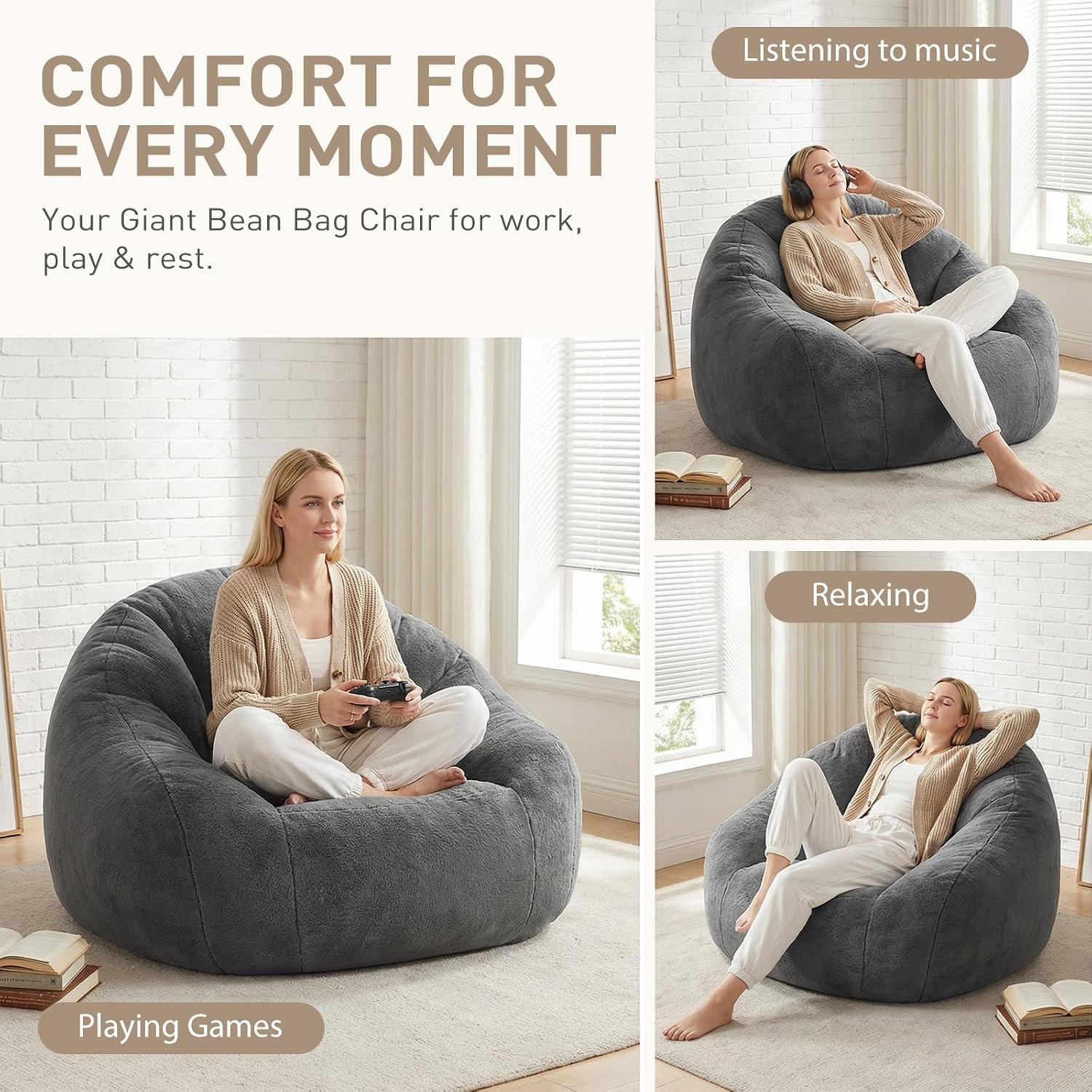 HUGHEAVEN Max Giant Bean Bag Chair, Oversized Bean Bag Sofa for Adults & Teens, Ultra-Soft Comfy Fluffy Floor Lounge Chair with Armrests, Large Bean Bag Couch for Gaming, Reading & Relaxing