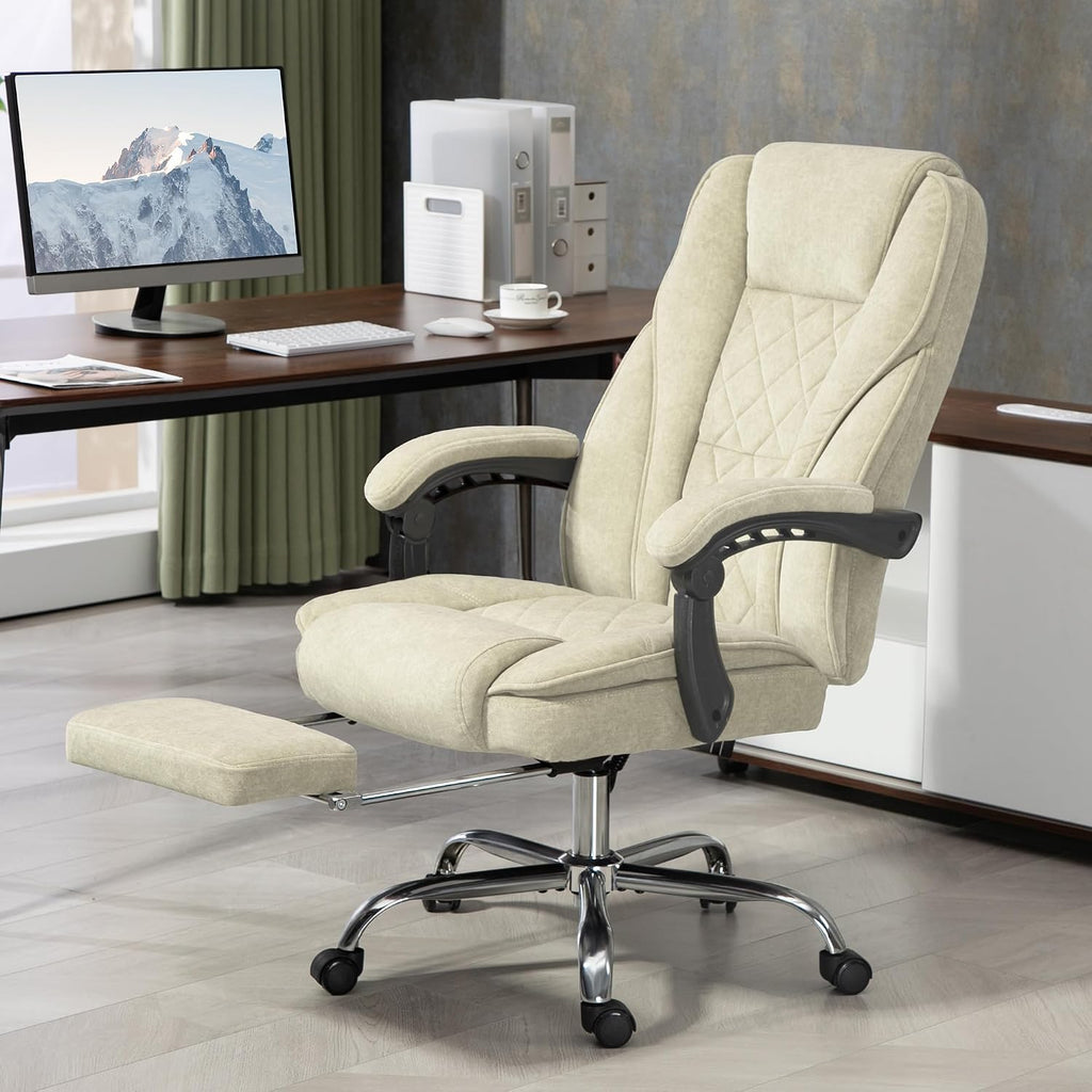 Vinsetto Massage Office Chair with Foot Rest, Executive Computer Desk Chair with 6 Vibration Point and Heat, Reclining Backrest, Swivel Wheels, Adjustable Height, Beige