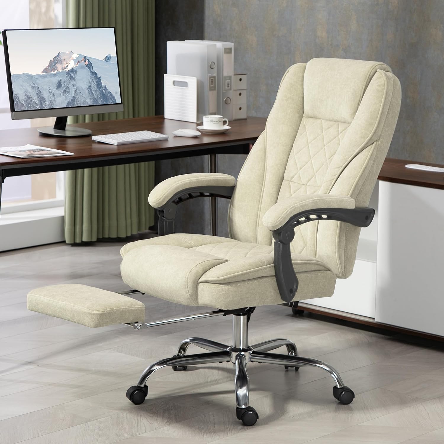 Vinsetto Massage Office Chair with Foot Rest, Executive Computer Desk Chair with 6 Vibration Point and Heat, Reclining Backrest, Swivel Wheels, Adjustable Height, Beige