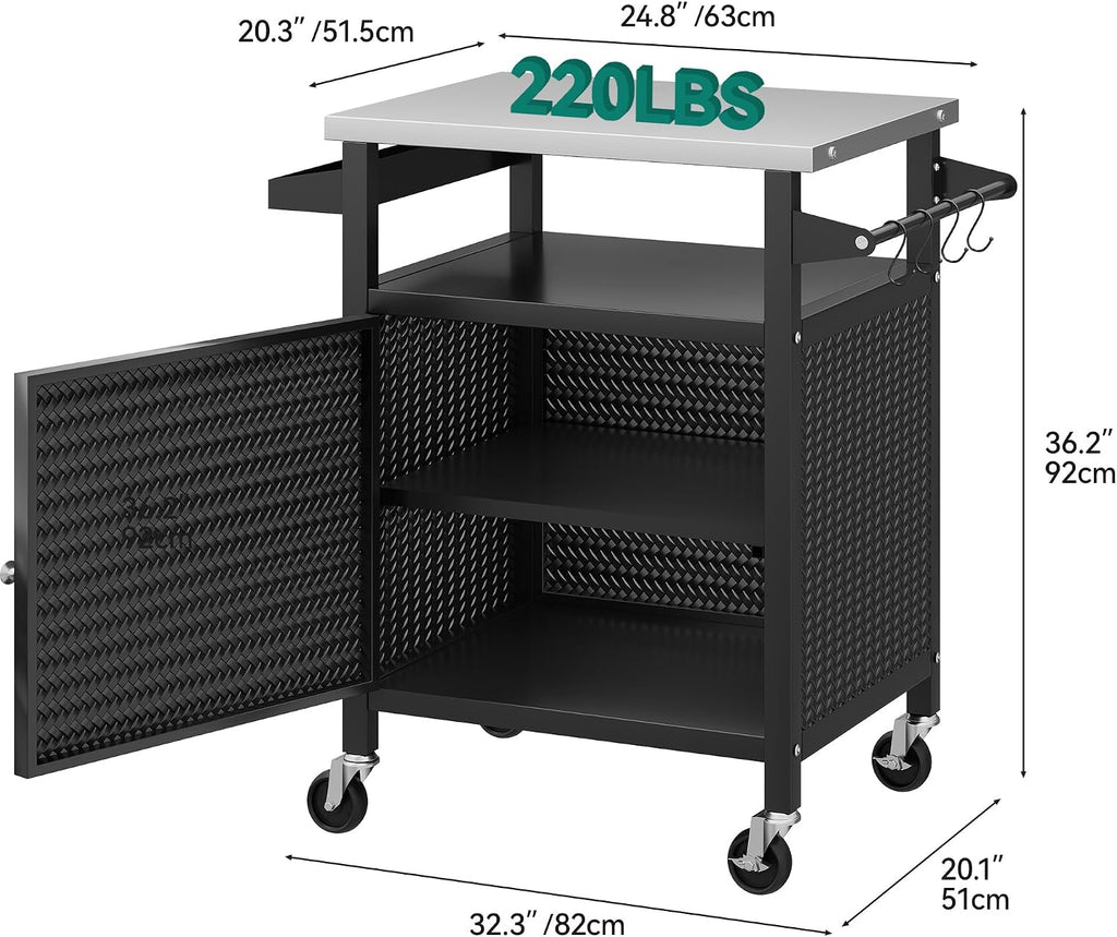 YITAHOME 25 Inch Outdoor Grill Cart with Stainless Steel Top, Outdoor Grill Table with Storage Shelves for Patio, Kitchen Prep, Grilling Accessories, Black