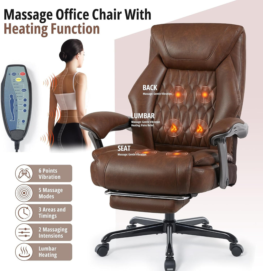 Massage Office Chair with Heat & Footrest, Ergonomic Reclining Executive Desk Chairs with 6-Point Vibration, PU Leather Computer Chair for Home Office or Gaming