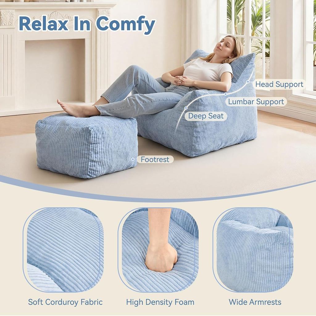 INMOZATA Bean Bag Chair with Ottoman, Cloud Boneless Couch - Oversized Memory Foam Beanbag Set for Adults & Teens, 3FT Plush Corduroy Comfy Lounge Sofa for Bedroom, Dorm & Reading Nook (Light Blue)