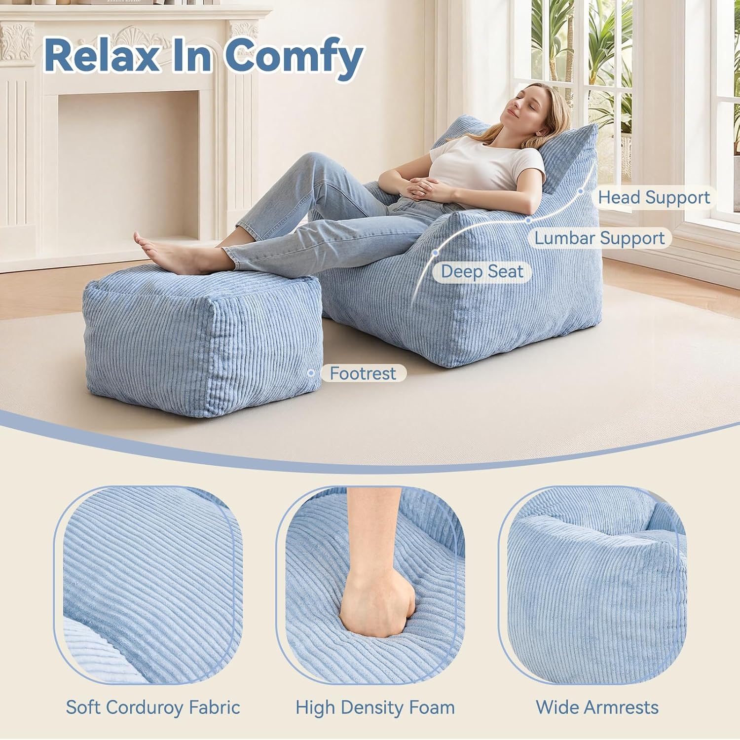 INMOZATA Bean Bag Chair with Ottoman, Cloud Boneless Couch - Oversized Memory Foam Beanbag Set for Adults & Teens, 3FT Plush Corduroy Comfy Lounge Sofa for Bedroom, Dorm & Reading Nook (Light Blue)