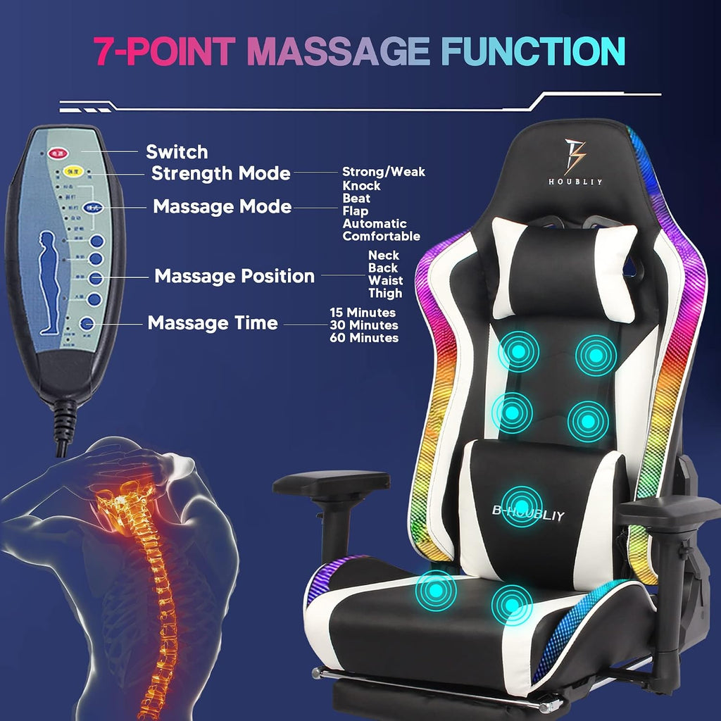 RGB Gaming Chair Office Chair with 4D Armrest Racing Game Chair with Speakers and LED Lights PU Leather High Back Ergonomic Massage Computer Chair for Heavy People Lumbar Support PC Chair,Black