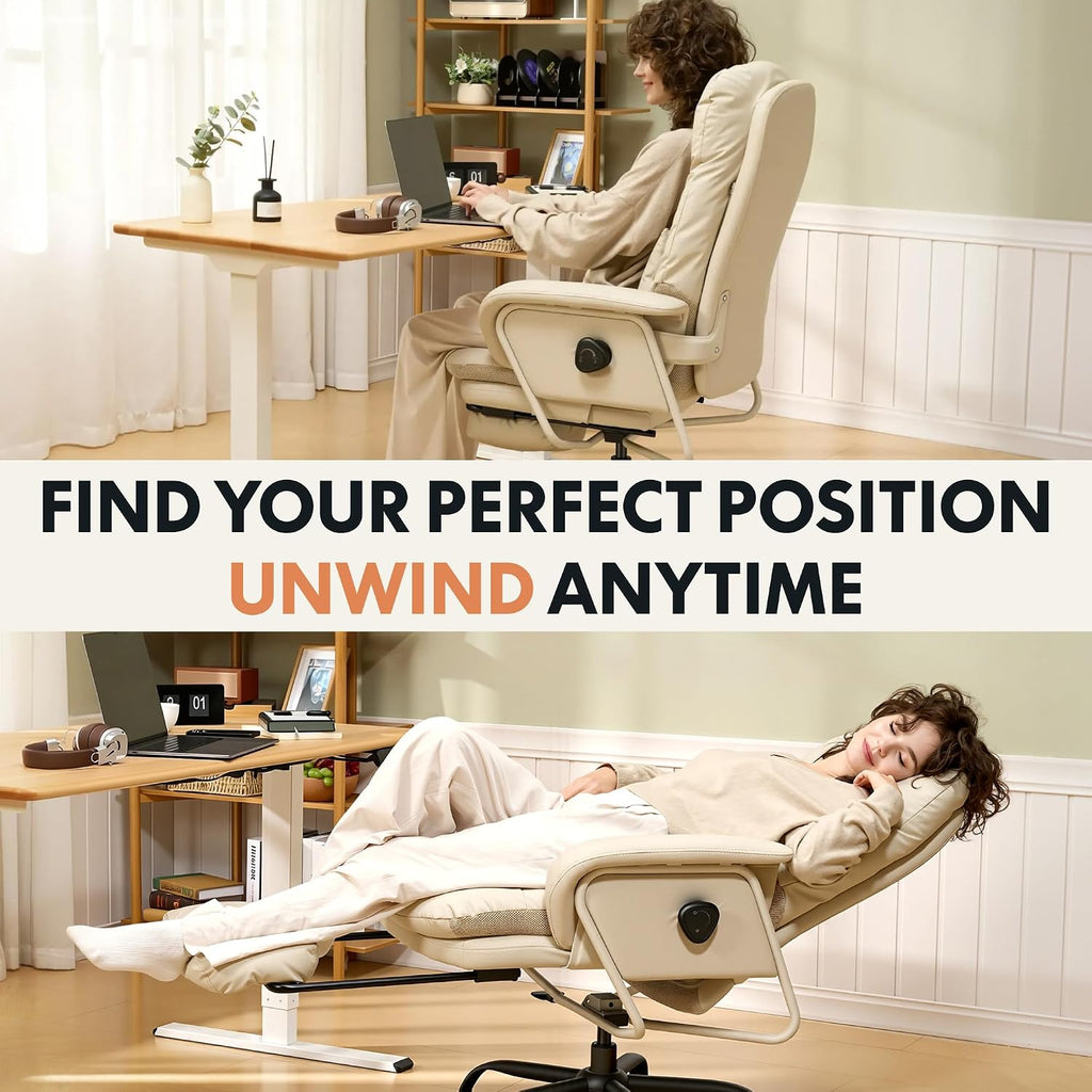 FLEXISPOT Ergonomic Office Chair with Footrest High Back Computer Desk Chairs Indoor Lounge Chair with Wheels 90-165° Reclining Lumbar Support, Chairs for Working Relaxing Cross Legged, Leather, White