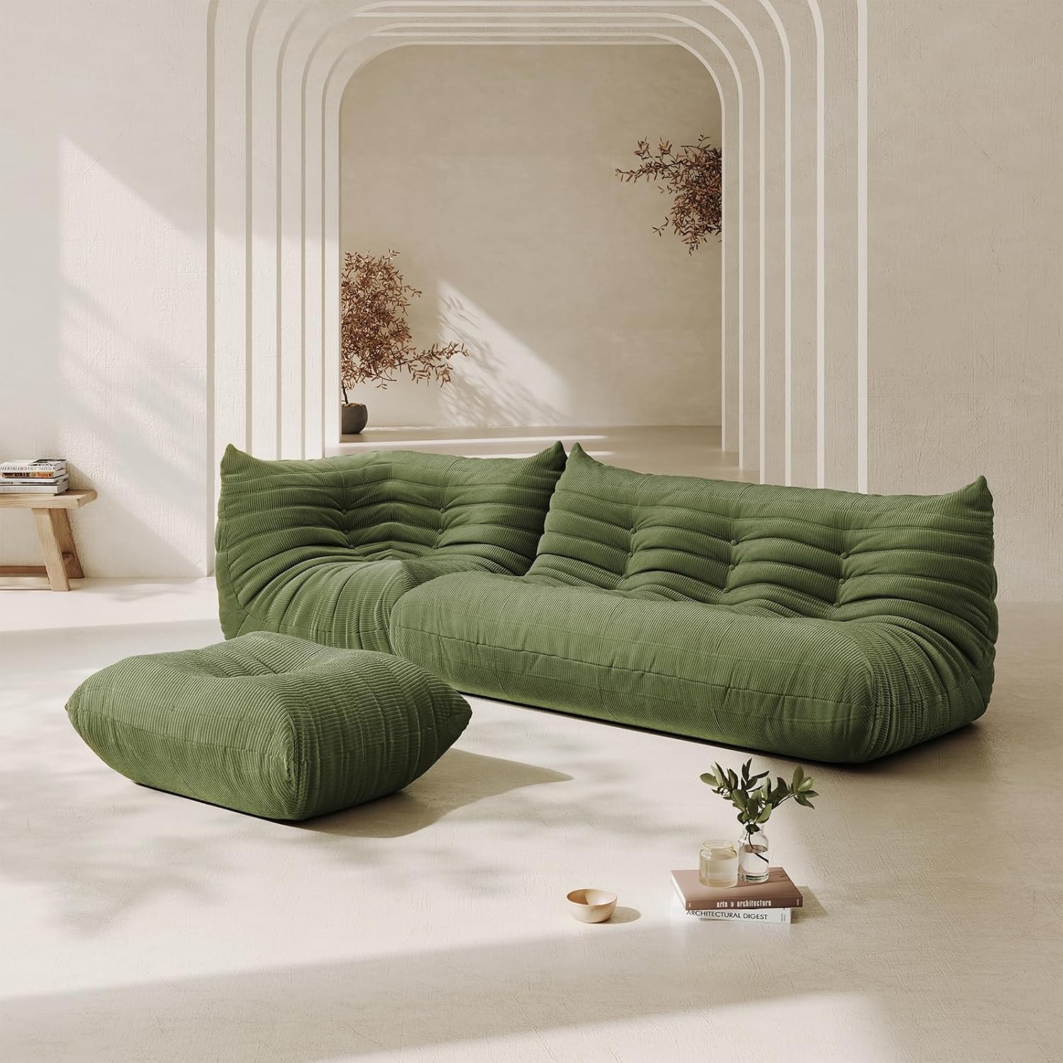 Bean Bag Chair for Adults Fireside Sofa Floor Lazy Couches with Ergonomic Corduroy Cozy Memory Foam Lounger Couch for Dorm, Apartment and Gaming Venue,Olive Green