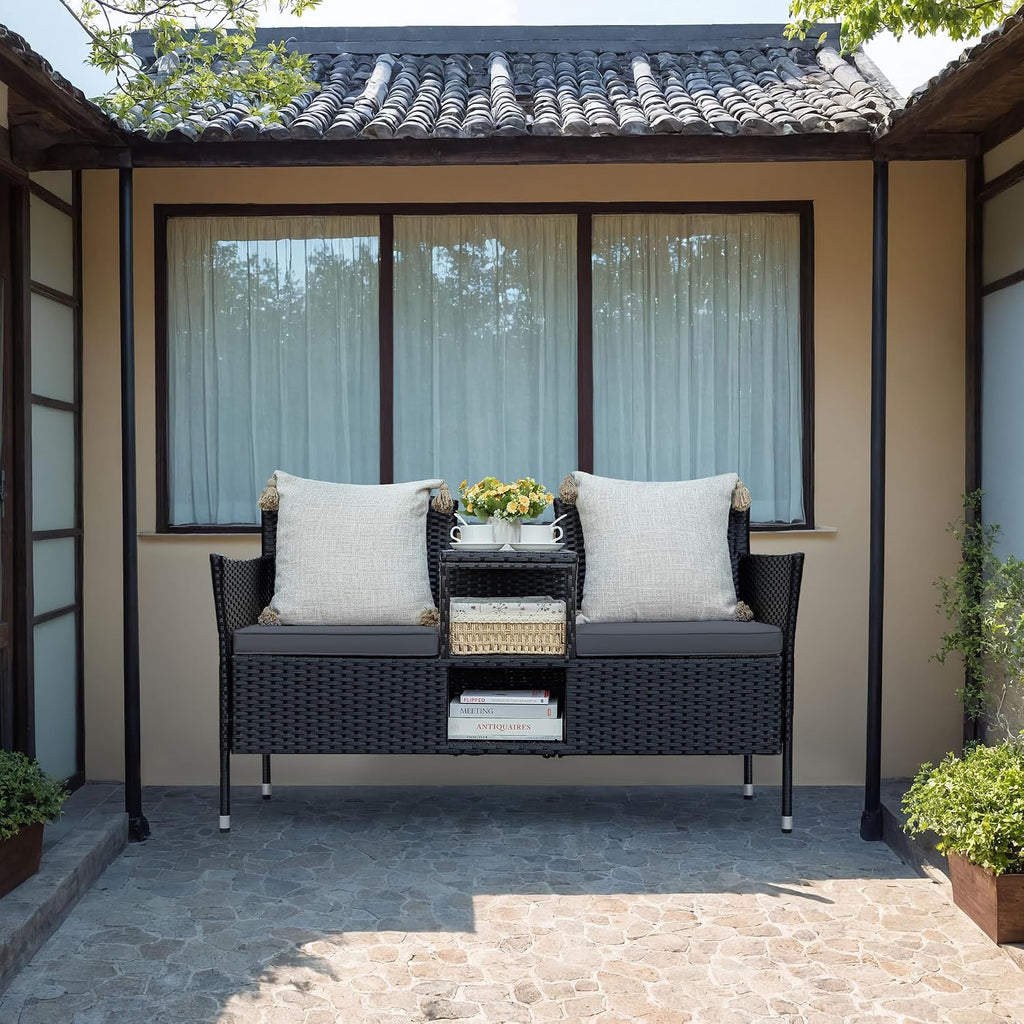 Greesum Patio Loveseat Outdoor Wicker Furniture Conversation Set with Soft Cushions & Built-in Coffee Table for Lawn Garden Backyard, Gray