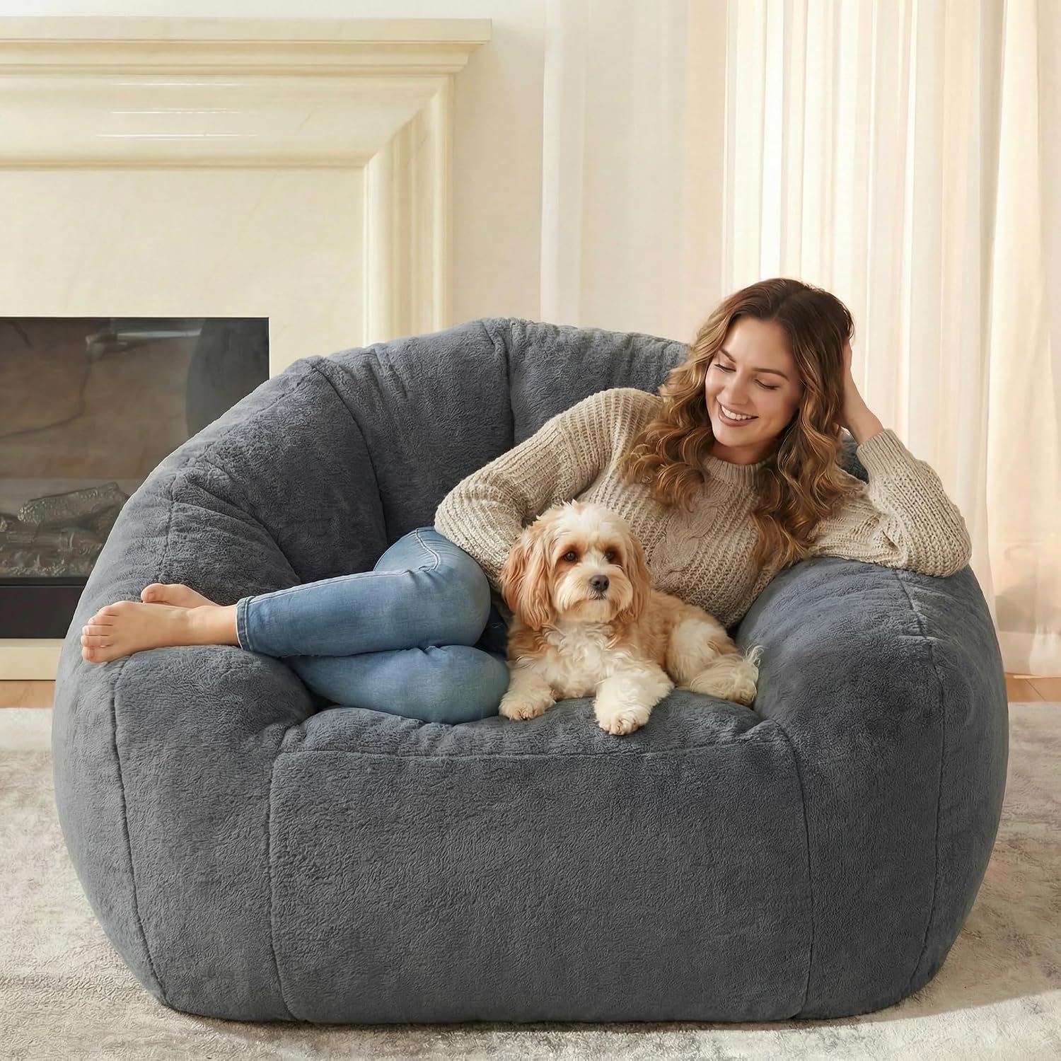 HUGHEAVEN Max Giant Bean Bag Chair, Oversized Bean Bag Sofa for Adults & Teens, Ultra-Soft Comfy Fluffy Floor Lounge Chair with Armrests, Large Bean Bag Couch for Gaming, Reading & Relaxing
