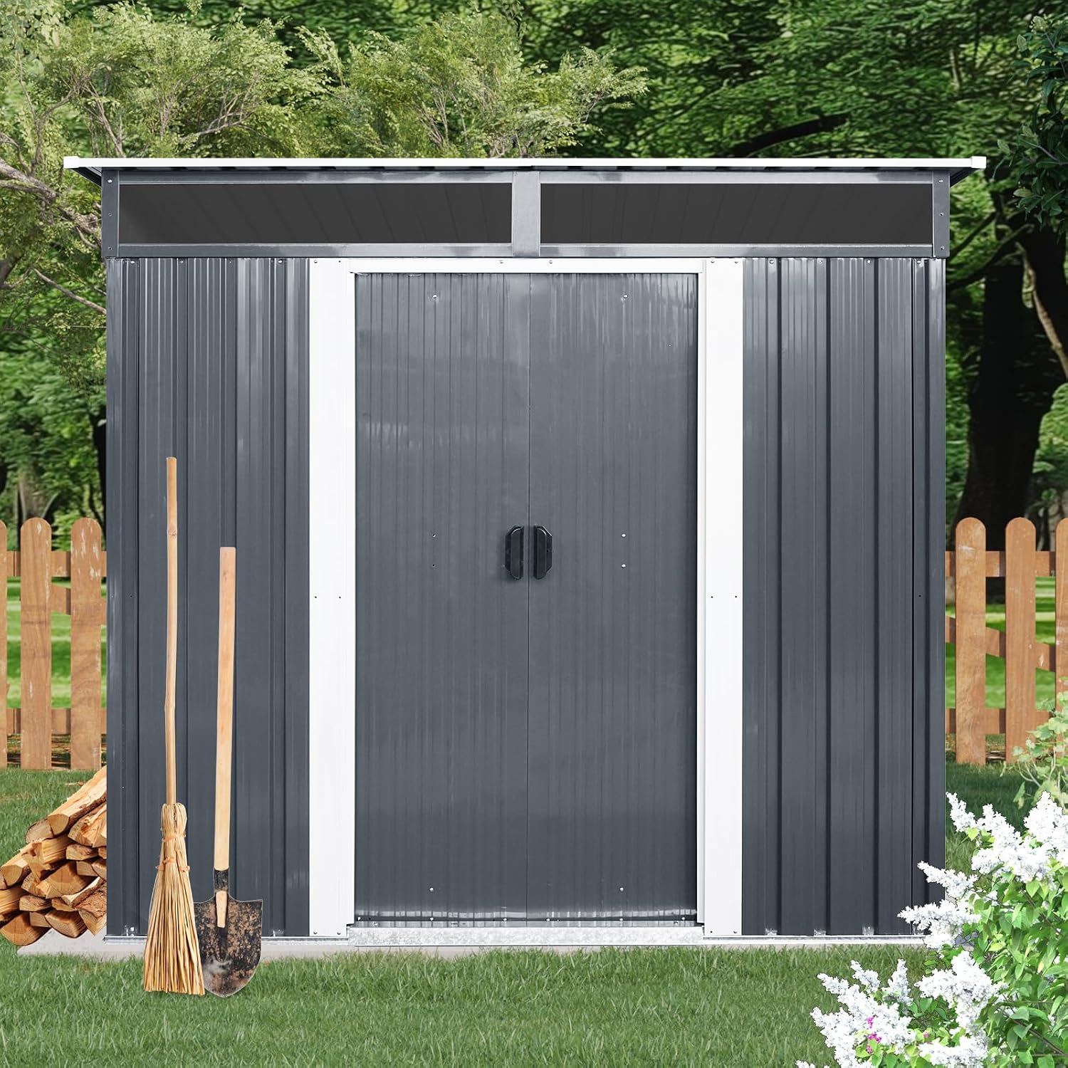 JT 6X4.5FT Outdoor Storage Shed, Galvanized Metal Garden Shed with Window and Metal Foundation, Tool Storage Shed for Patio Lawn Backyard (Black-with The window-6ftx4.5ft)