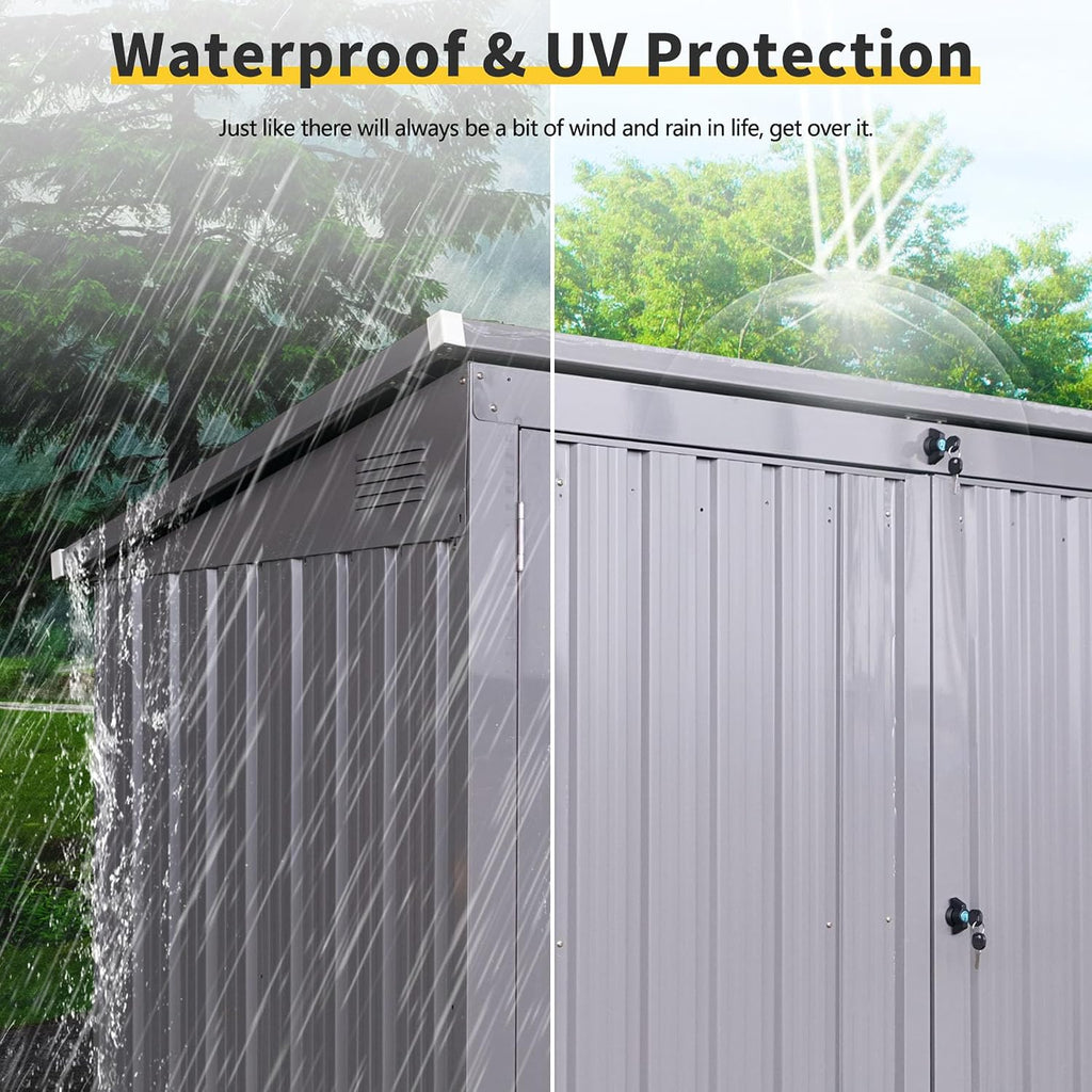 62' Grey Metal Outdoor Storage Shed with Sloped Roof, Lockable Tool Shed for Trash Cans, Garden Tools, Firewood, or Pet House, Waterproof, Galvanized Steel (Grey)
