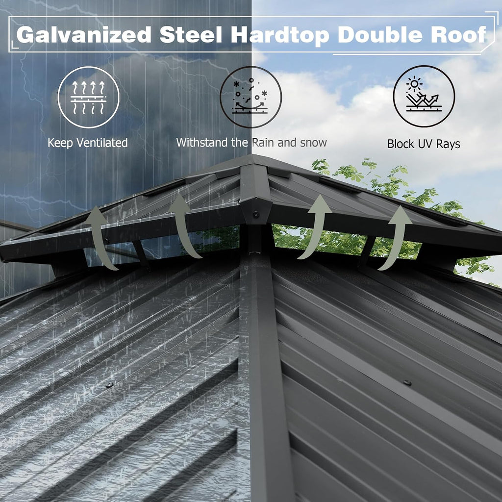 Domi Hardtop Gazebo 8x8FT, Aluminum Outdoor Gazebo with Galvanized Steel Double Roof Canopy, Curtains and Netting Included, Metal Gazebo Permanent Pavilion for Patio, Lawn, Garden, Gray