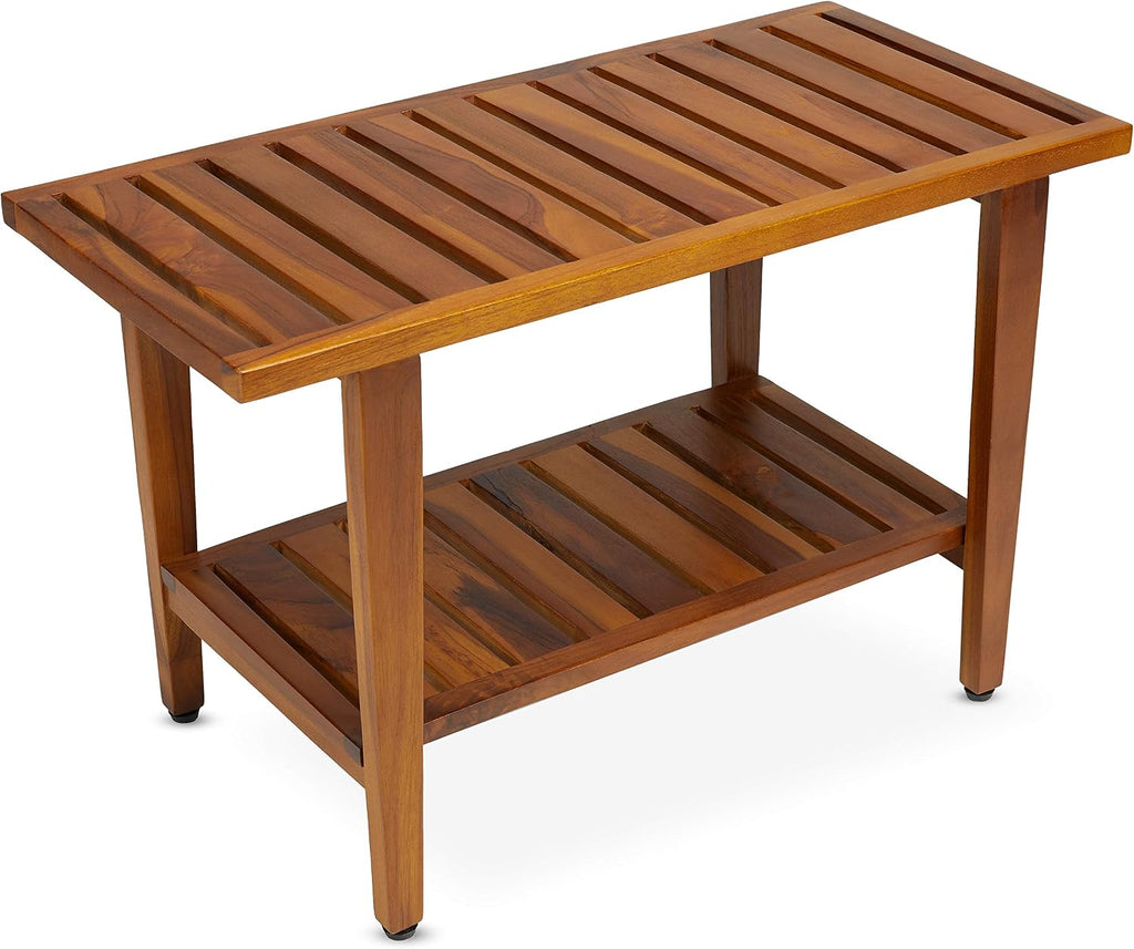 TeakCraft Teak Shower Bench with Shelf 30 inch Wood Spa & Shower Stool - Fully Assembled, The Liv