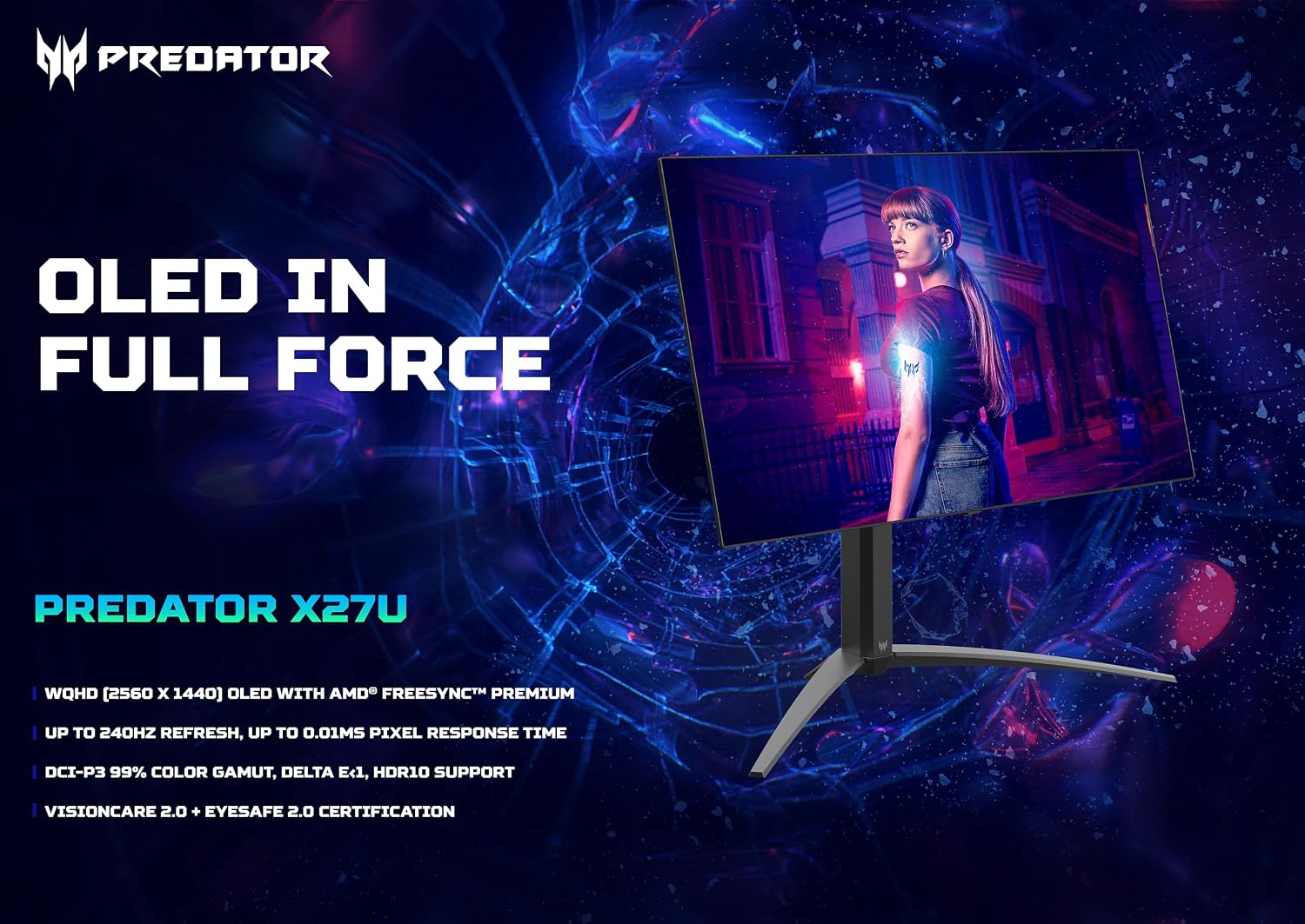 acer Predator X27U | 27' WQHD 2560 x 1440 OLED Gaming Monitor | AMD FreeSync Premium | Up to 240Hz | Up to 0.01ms | 1000nits@HDR 3% | DCI-P3 99% | Delta E<1 | USB Type-C, DP 1.4 & 2 x HDMI 2.0