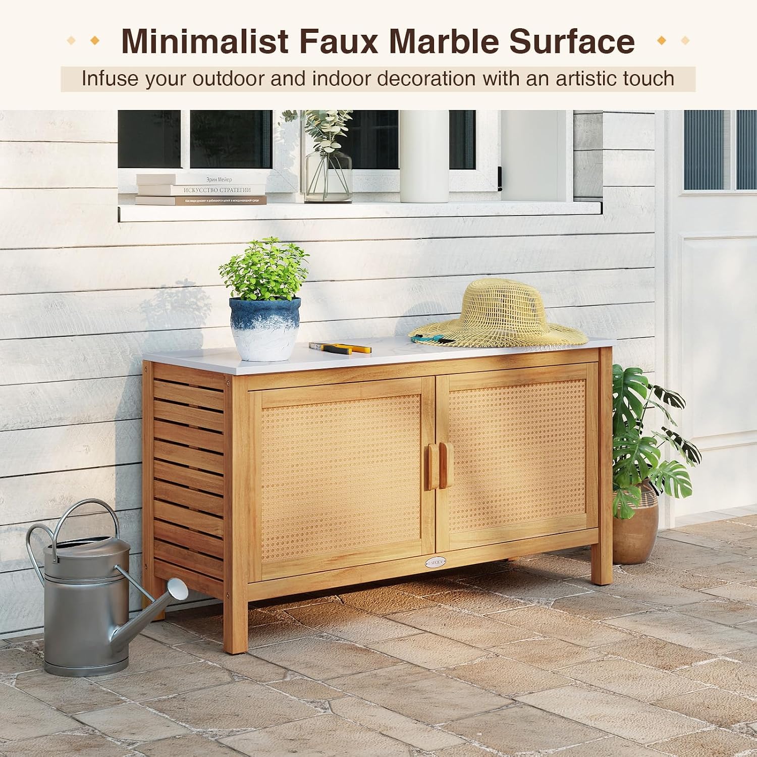 Goplus Outdoor Console Table, Acacia Wood Patio Storage Cabinet with Fax Marble Top, Rattan Doors, Inner Shelves & Hidden Compartment, Outdoor Sideboard for Patio (Rattan Door)