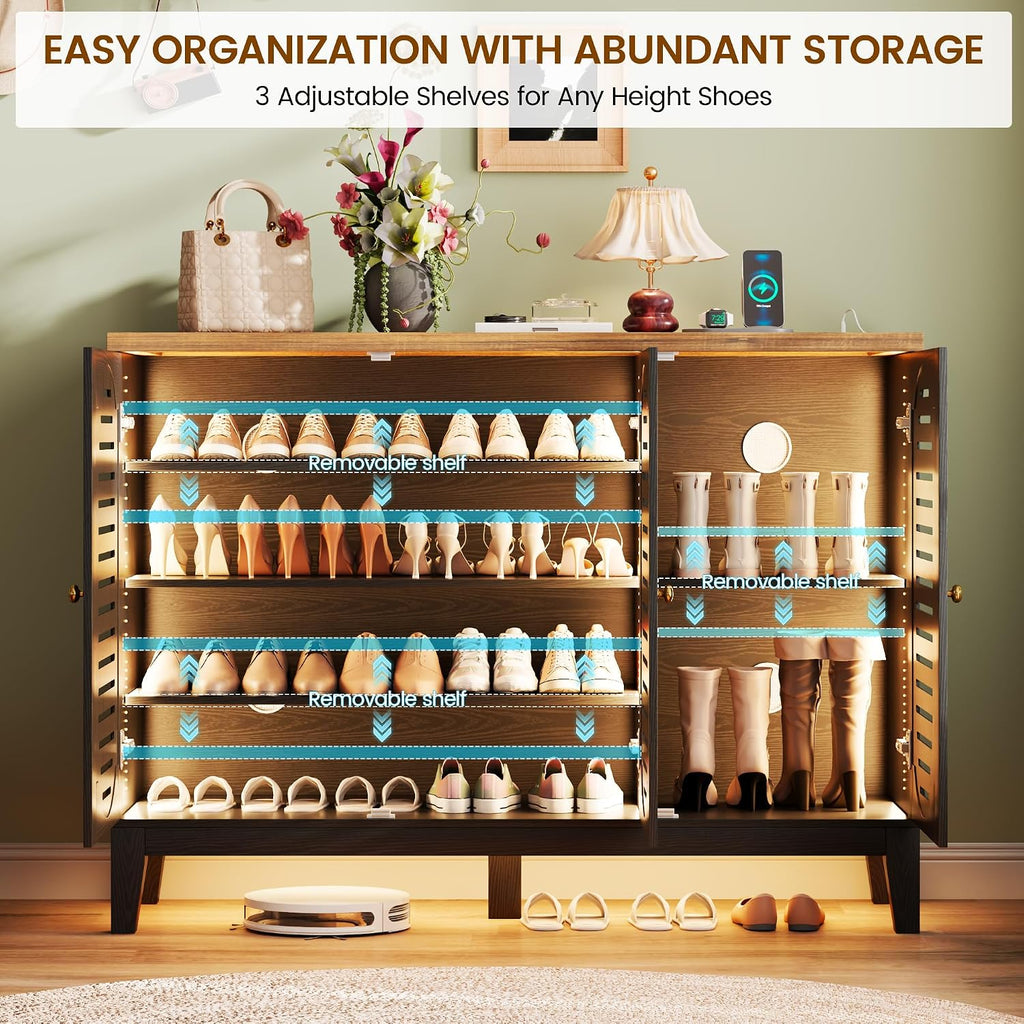 Vlsrka Shoe Cabinet with 3 Doors, Narrow Wooden Shoe Cabinet, Hidden Shoe Storage for Entryway, Foyer, Hallway (Black C)