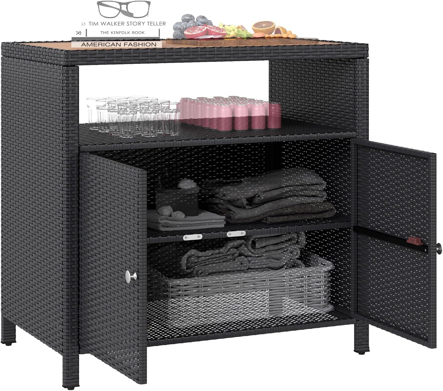 Outsunny Wicker Outdoor Storage Cabinet, Rattan Bar Table with Acacia Wood Countertop, 2 Doors and Shelf, Buffet Cabinet Sideboard for Poolside, Garden, Patio, Backyard, Black