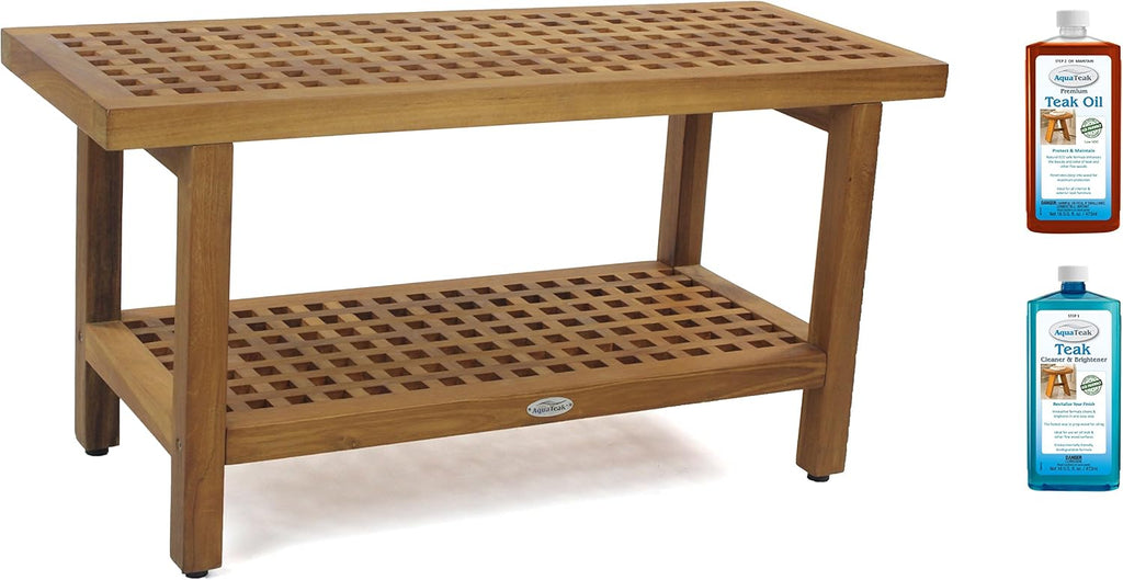 AquaTeak The Original 36' Grate Teak Shower Bench with Shelf Two-Step Care Kit