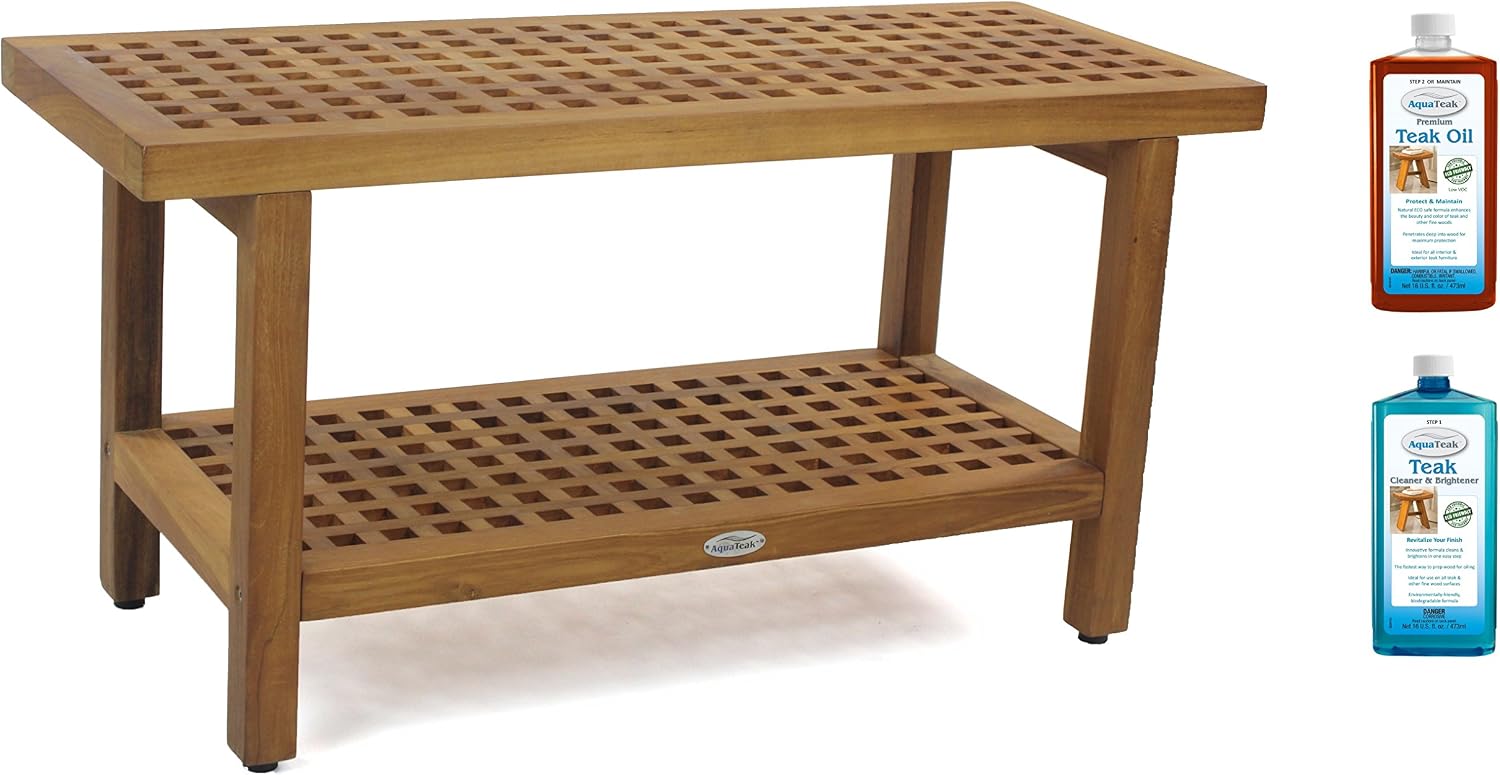 AquaTeak The Original 36' Grate Teak Shower Bench with Shelf Two-Step Care Kit
