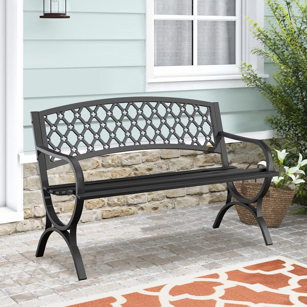 Outdoor Bench Garden Benchs, Weatherproof Anti-Rust Heavy-Duty Outside Bench Clearance, Wrought Iron Metal Bench for Front Porch, Patio, Park, Ergonomic Backrest, Slatted Seat