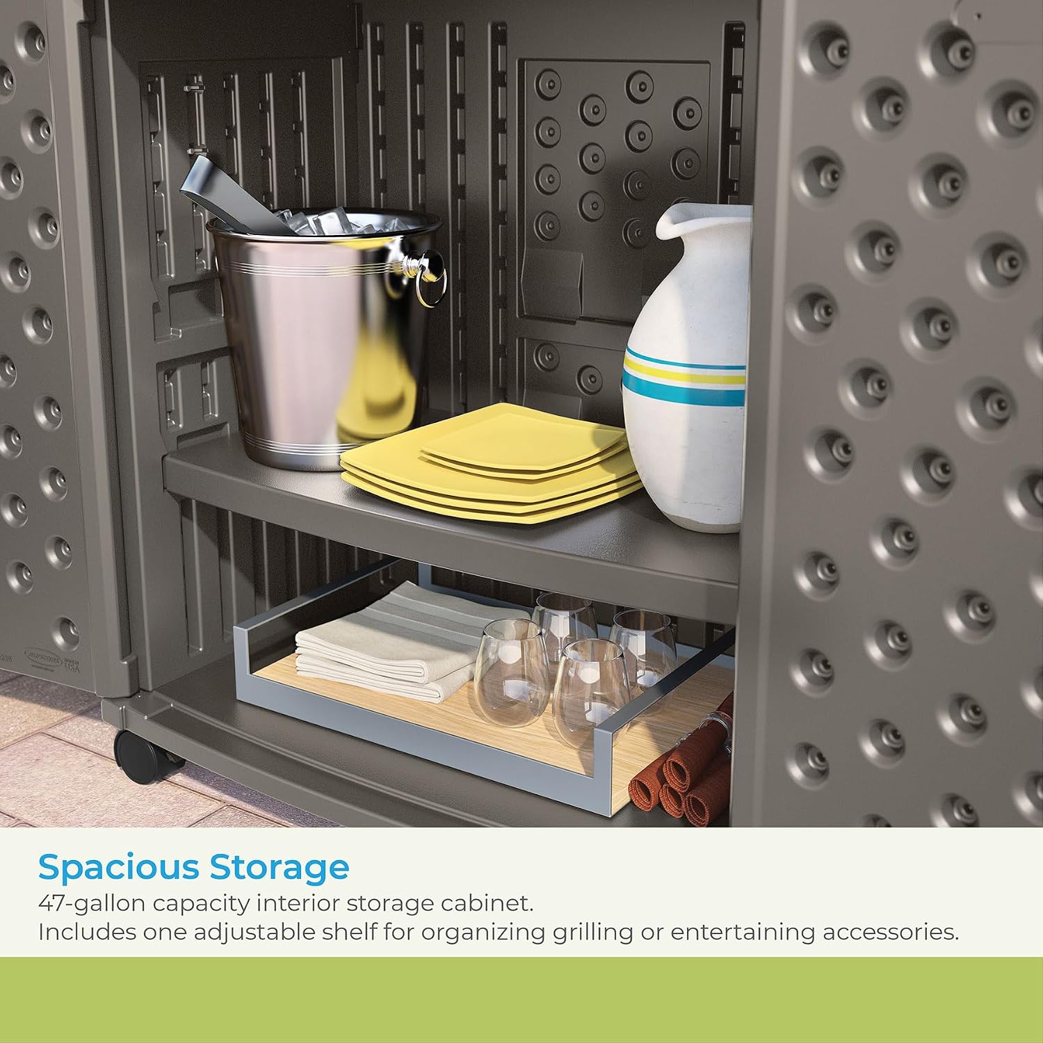 Suncast Patio Storage and Prep Station with 47-Gal. Cabinet, Adjustable Shelf, and Utensil Hooks, Outdoor Rolling Storage Cabinet and Grill Prep Table, Made in The USA