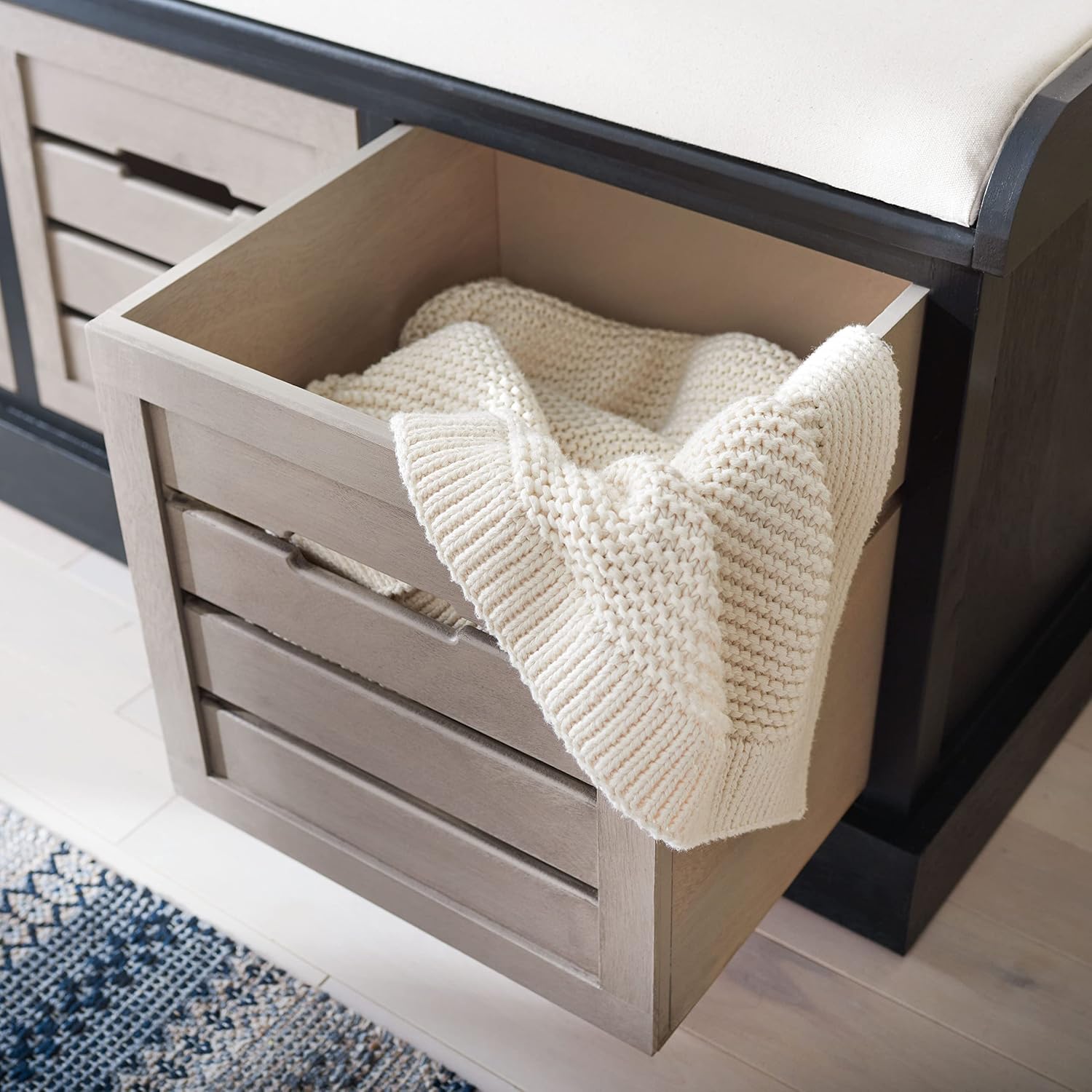 SAFAVIEH Home Collection – Briar 3-Drawer Upholstered Storage Bench, Farmhouse Entryway Accent Bench with Cushion Top, Black Frame & Greige Drawer Fronts (BCH5700E)