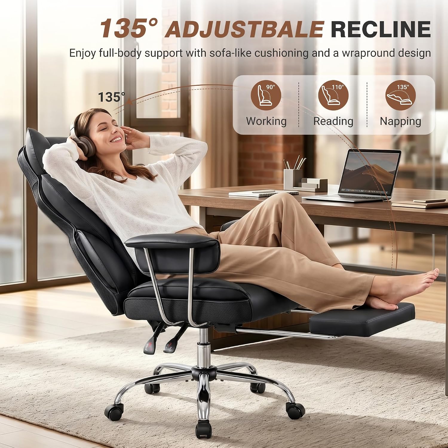 ALLGOD Office Chair Comfy, Big and Tall Executive Leather Chair, High Back Ergonomic Wide Chair with Footrest, Reclining Computer Desk Chair, Heavy Duty Gaming Chair with Padded Arm and Pillow, Black
